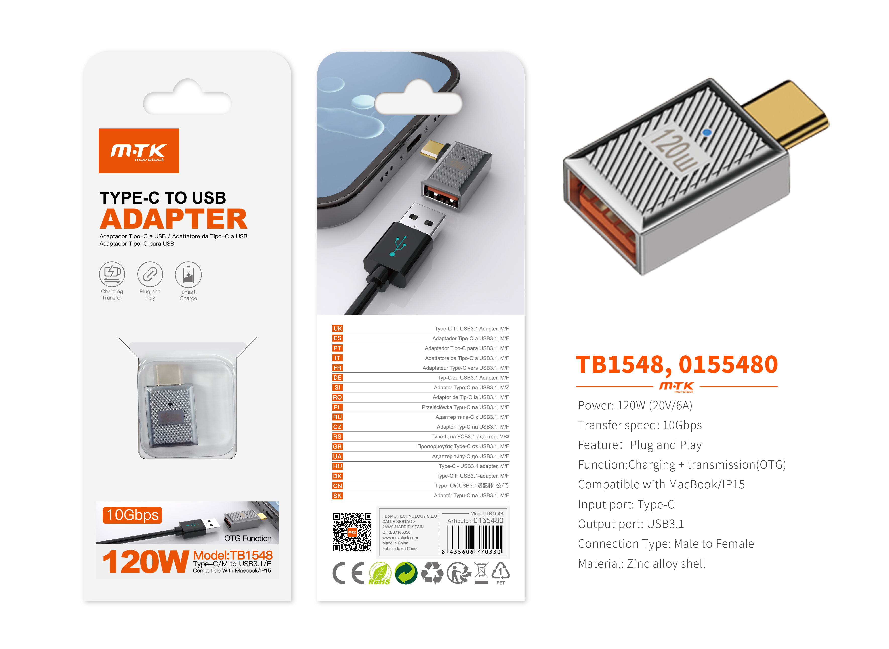 TB1548 PT Adaptador Type-C(Macho)a USB 3.1 (Hembra), Soporta transmision de datos OTG y carga 10 Gbp