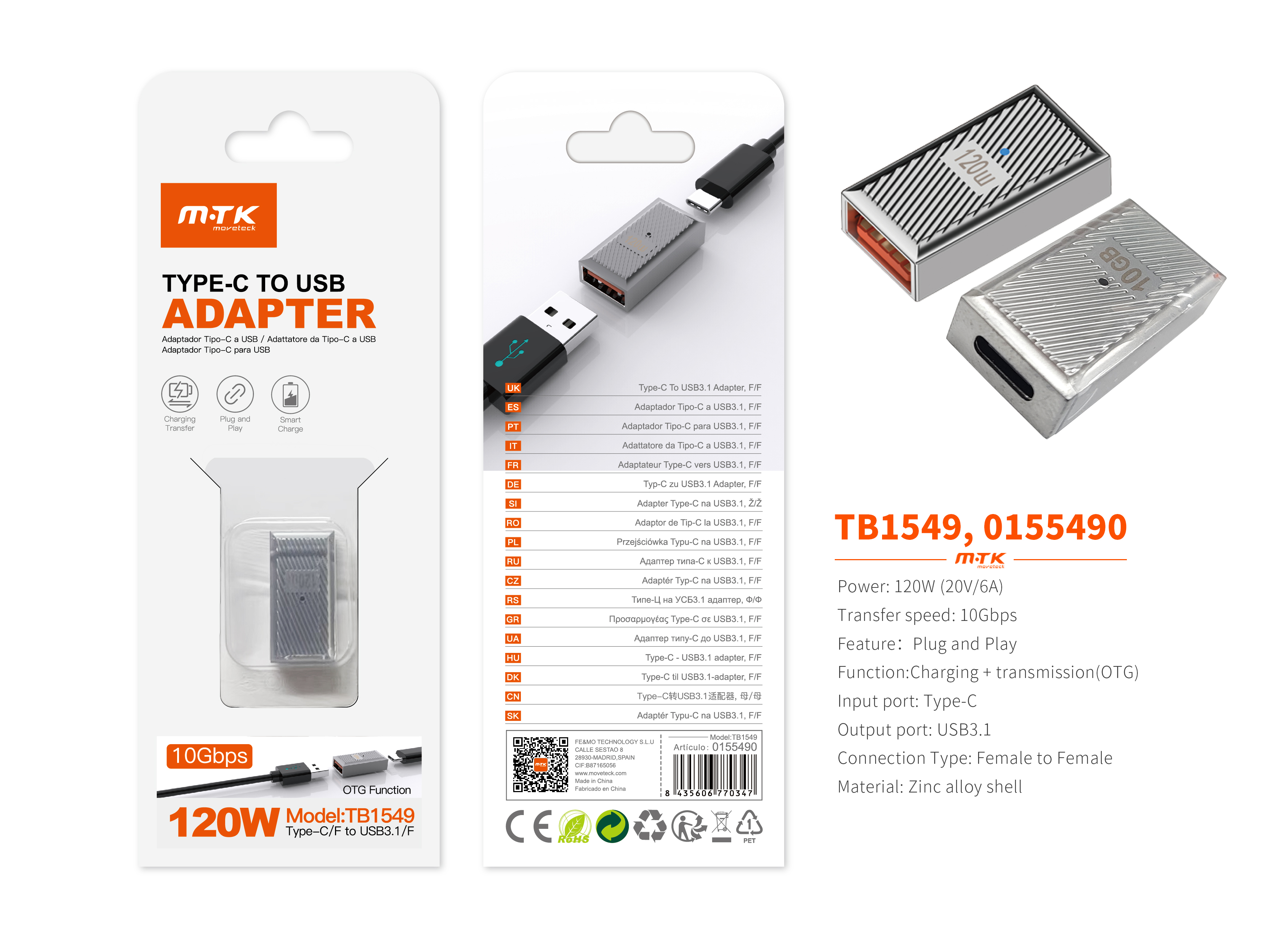 TB1549 PT Adaptador Type-C(Hembra)a USB 3.1 (Hembra), Soporta transmision de datos OTG y carga 10 Gb