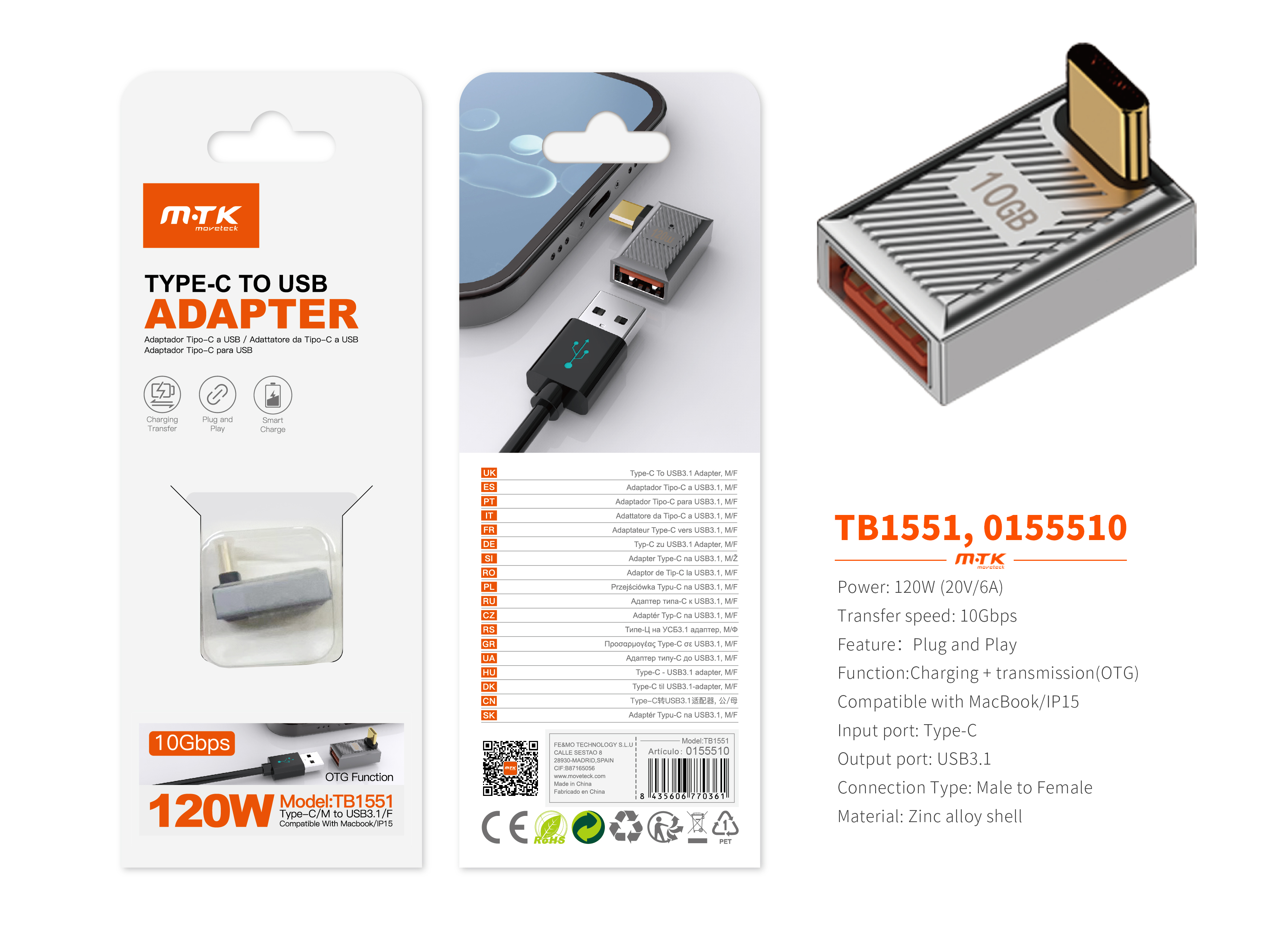 TB1551 PT Adaptador Type-C(Macho)a USB 3.1 (Hembra), Soporta transmision de datos OTG y carga 10 Gbp