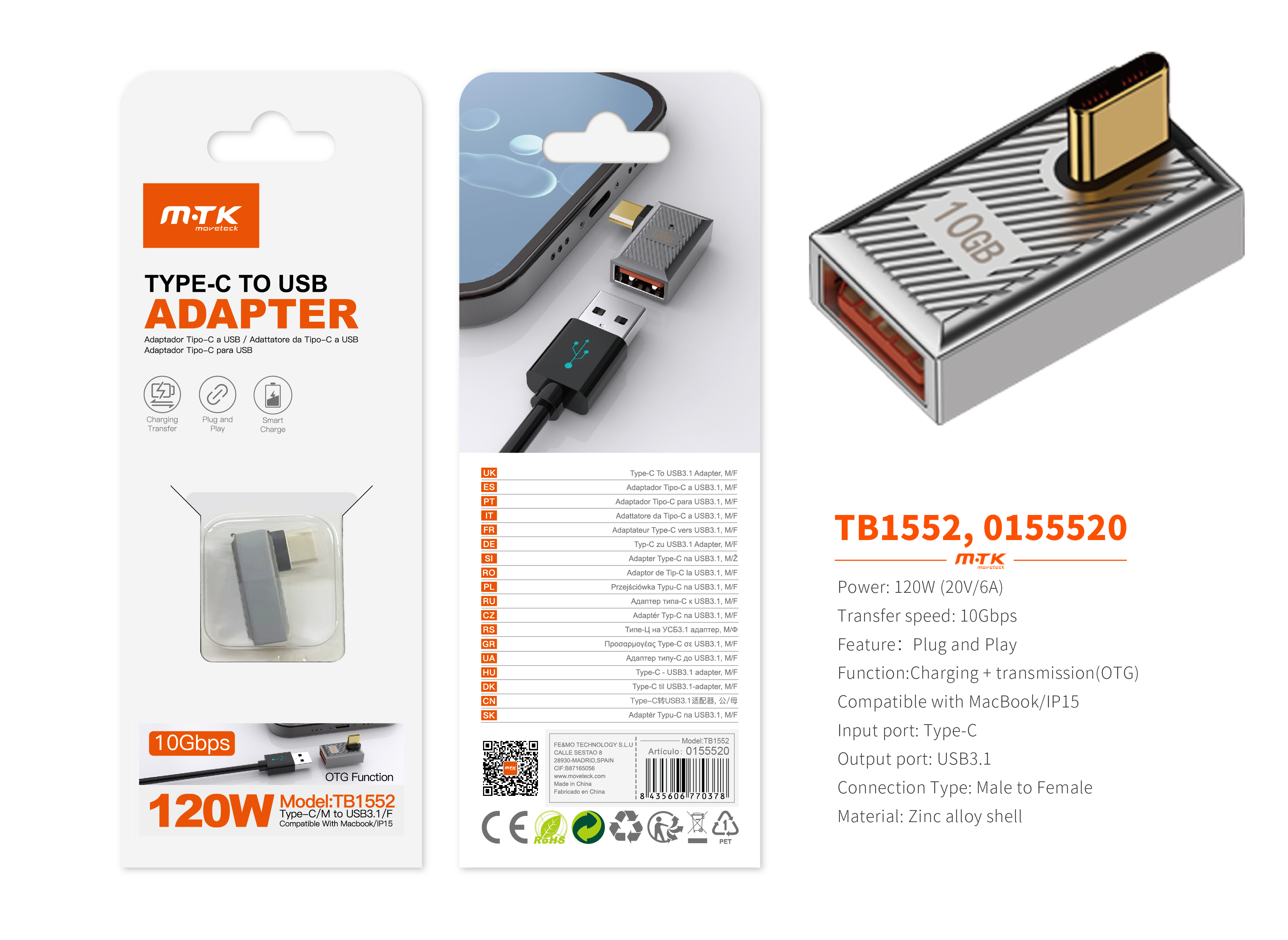 TB1552 PT Adaptador Type-C(Macho)a USB 3.1 (Hembra), Soporta transmision de datos OTG y carga 10 Gbp