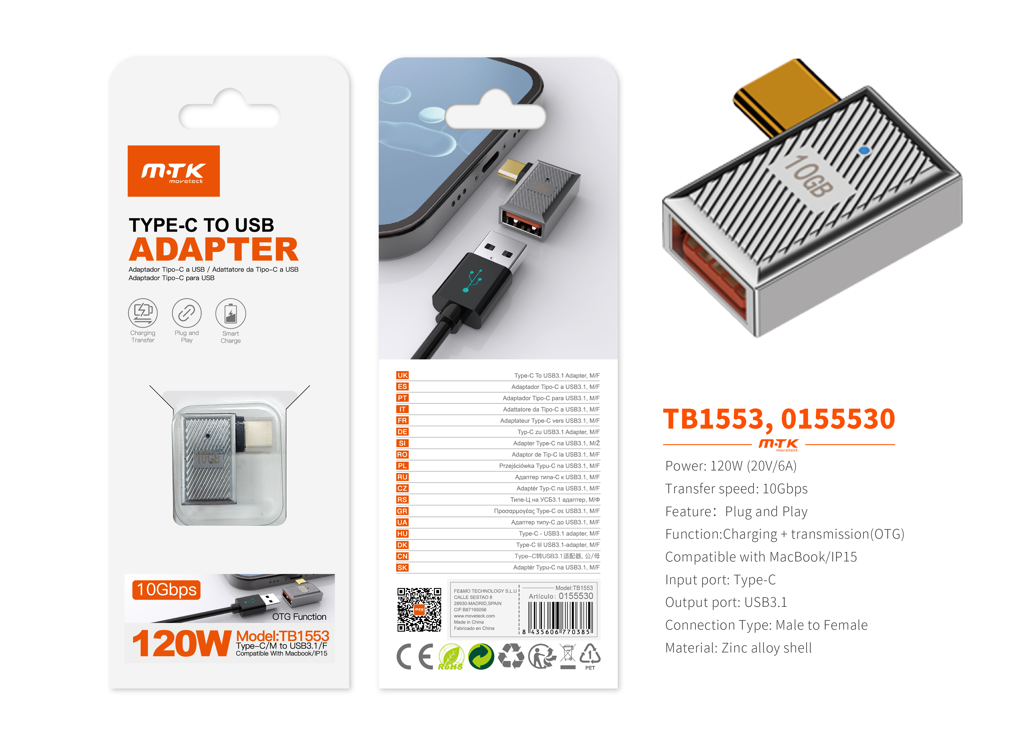 TB1553 PT Adaptador Type-C(Macho)a USB 3.1 (Hembra), Soporta transmision de datos OTG y carga 10 Gbp