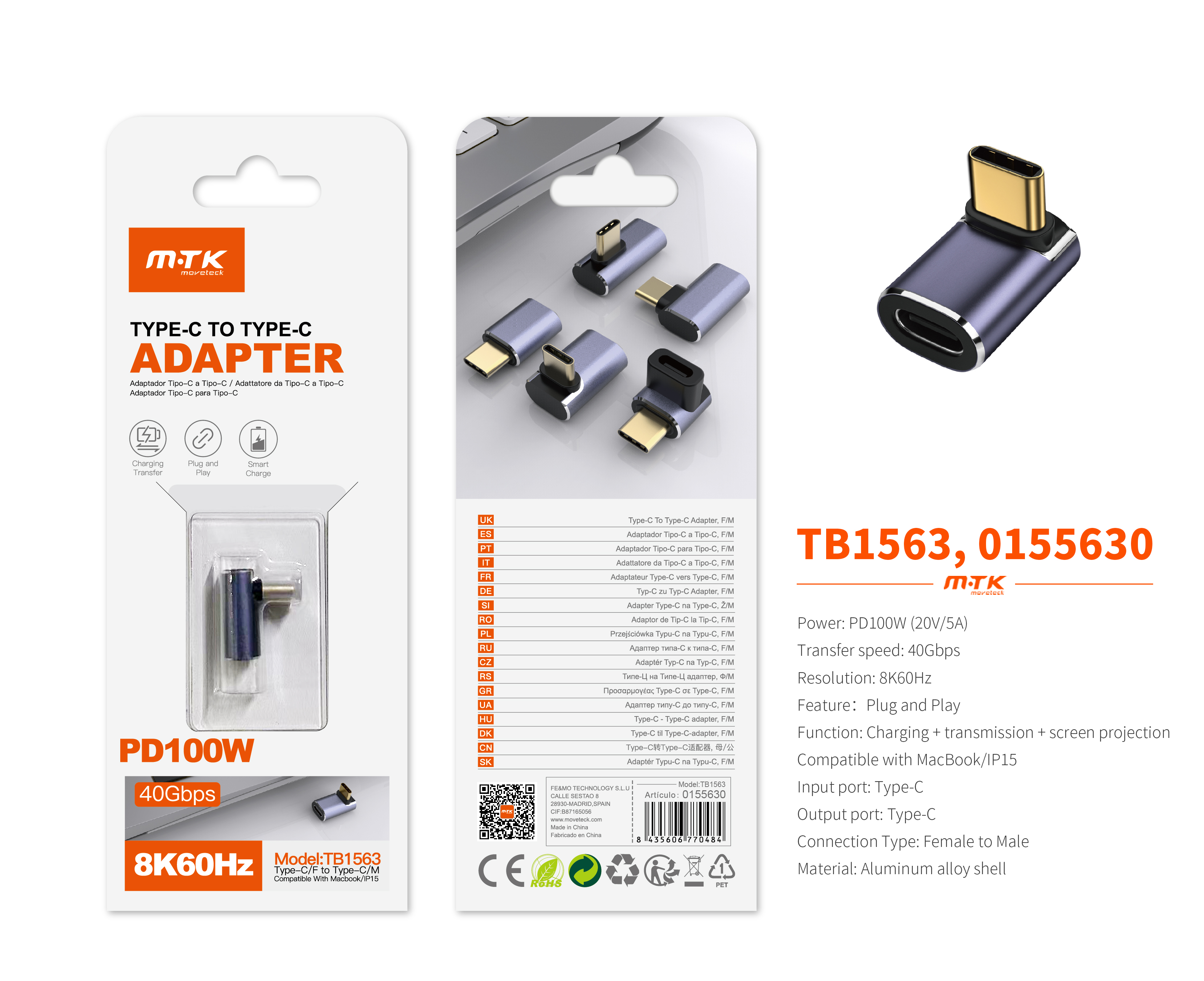 TB1563 MR Adaptador Type-C(Macho)a Type-C (Hembra), Soporta transmision de datos/videos/carga 40 Gbp