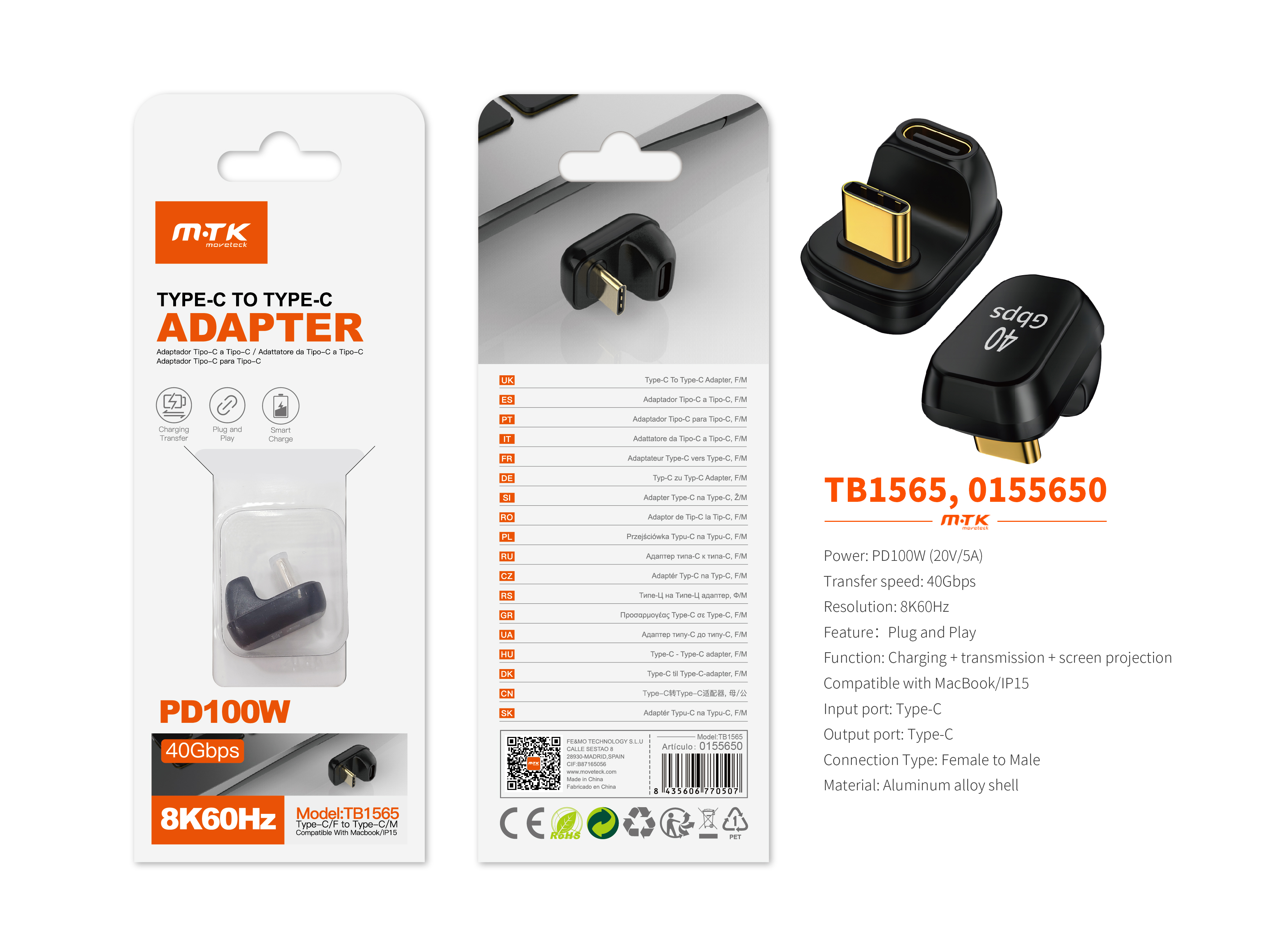 TB1565 NE Adaptador Type-C(Macho)a Type-C (Hembra), Soporta transmision de datos/videos/carga 40 Gbp