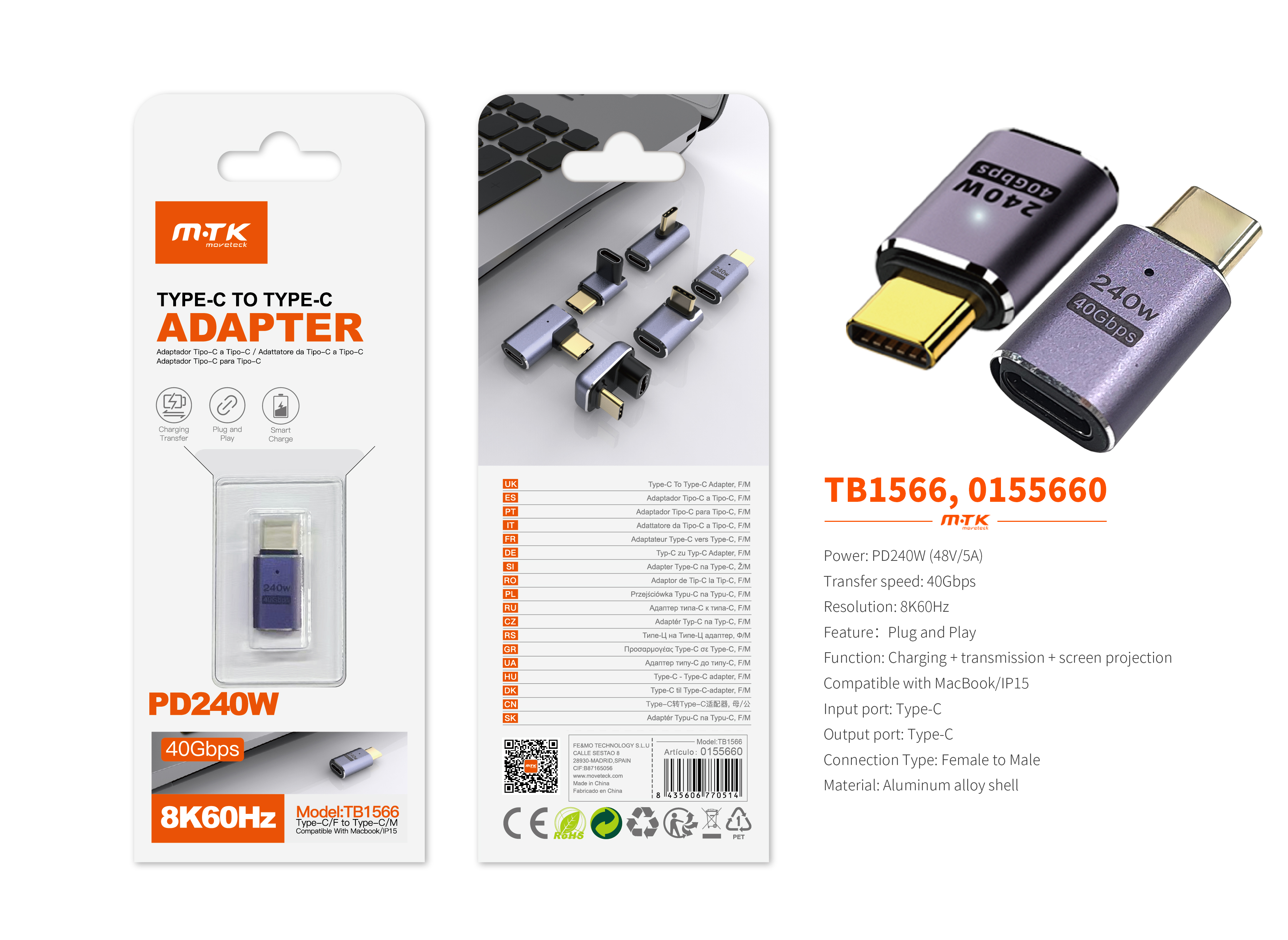 TB1566 MR Adaptador Type-C(Macho)a Type-C (Hembra), Soporta transmision de datos/videos/carga 40 Gbp