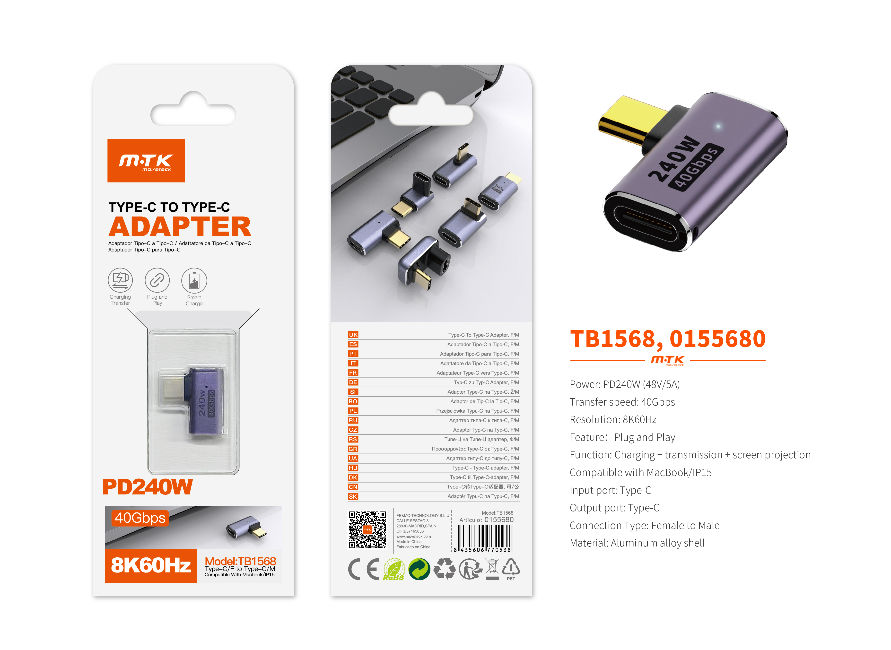 TB1568 MR Adaptador Type-C(Macho)a Type-C (Hembra), Soporta transmision de datos/videos/carga 40 Gbp