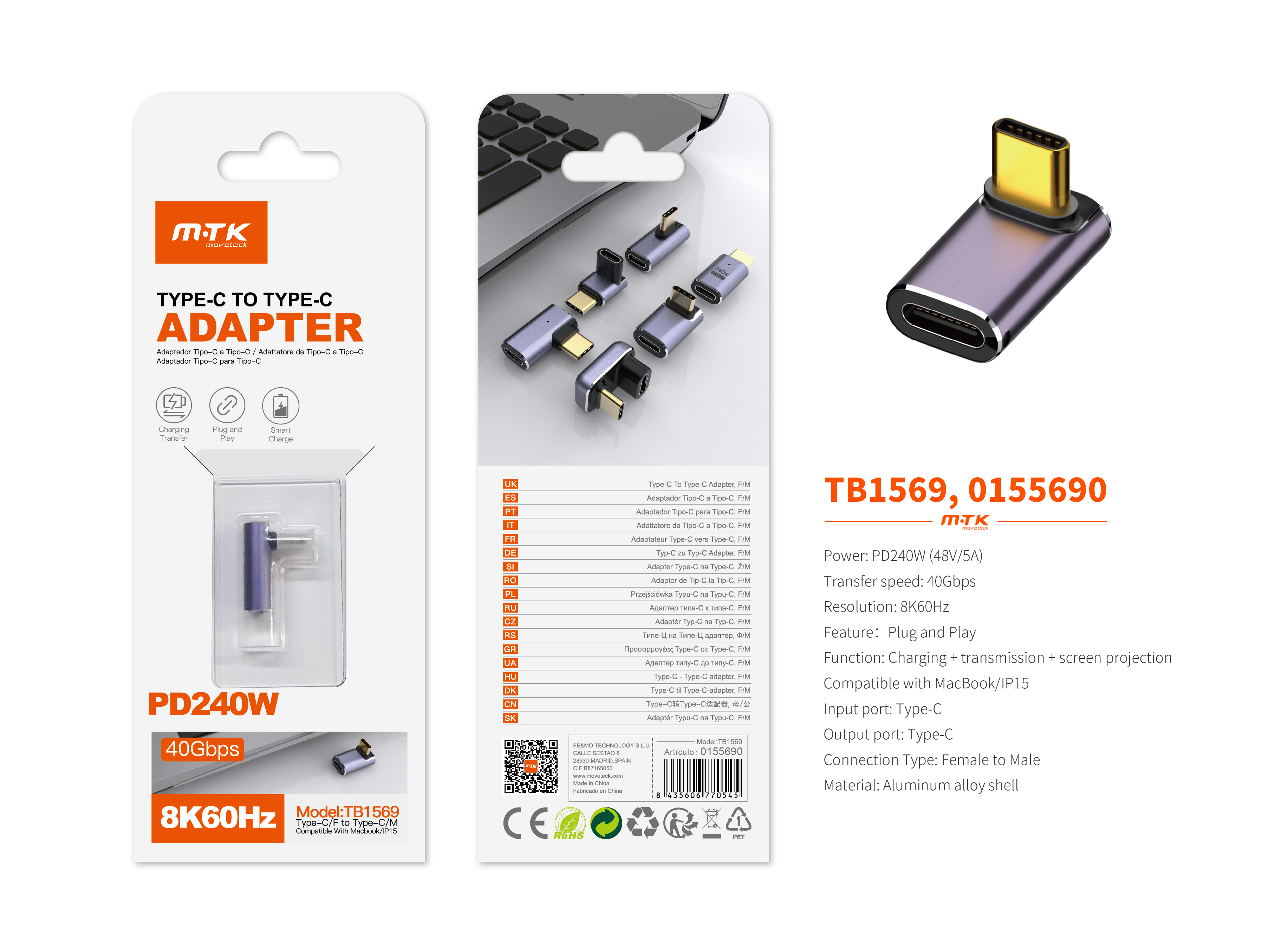 TB1569 MR Adaptador Type-C(Macho)a Type-C (Hembra), Soporta transmision de datos/videos/carga 40 Gbp