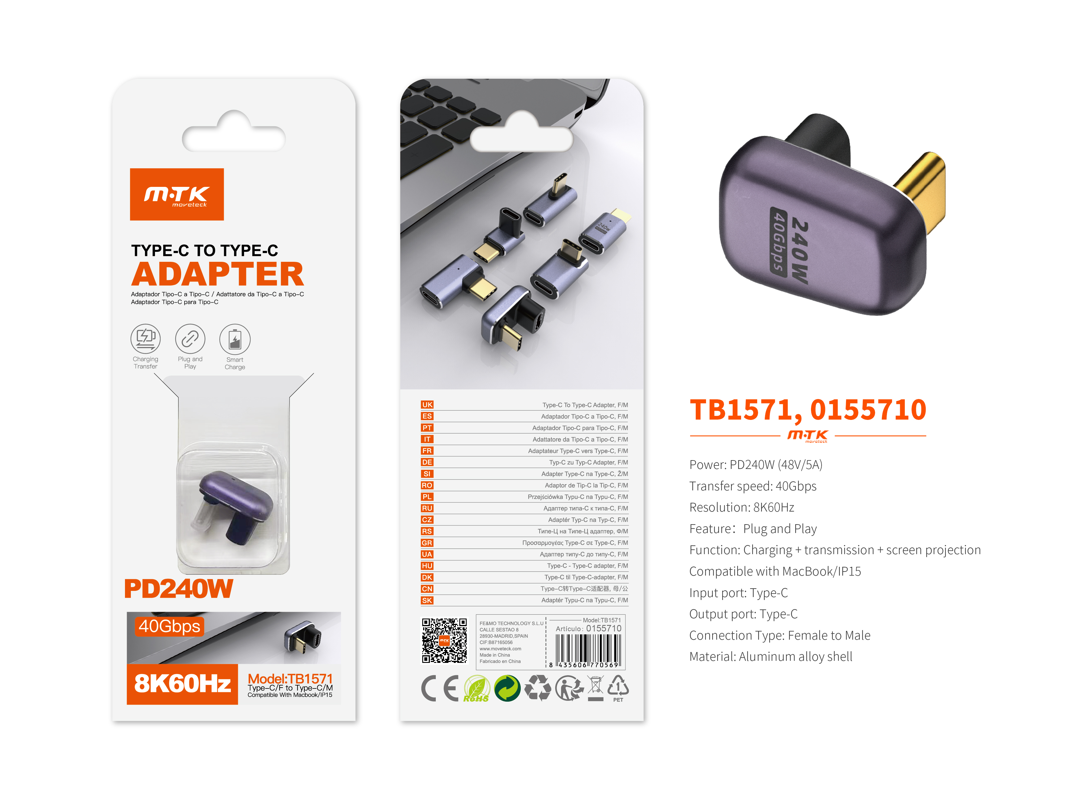 TB1571 MR Adaptador Type-C(Macho)a Type-C (Hembra), Soporta transmision de datos/videos/carga 40 Gbp
