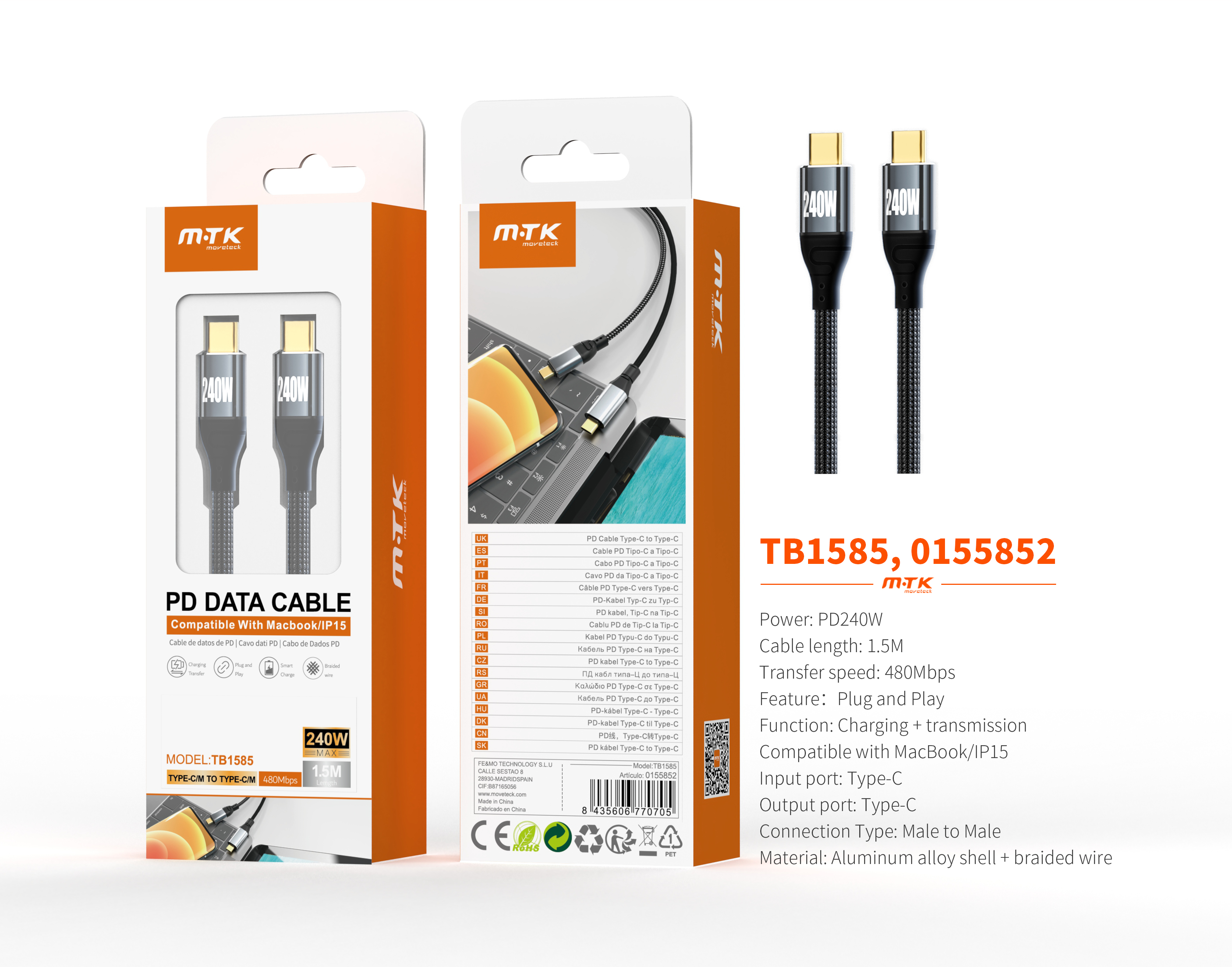 TB1585 NE Cable de datos Chay trenzado para Type-C a Type-C , Carga Rapida PD, 240W/480Mbps, 1.5M, N