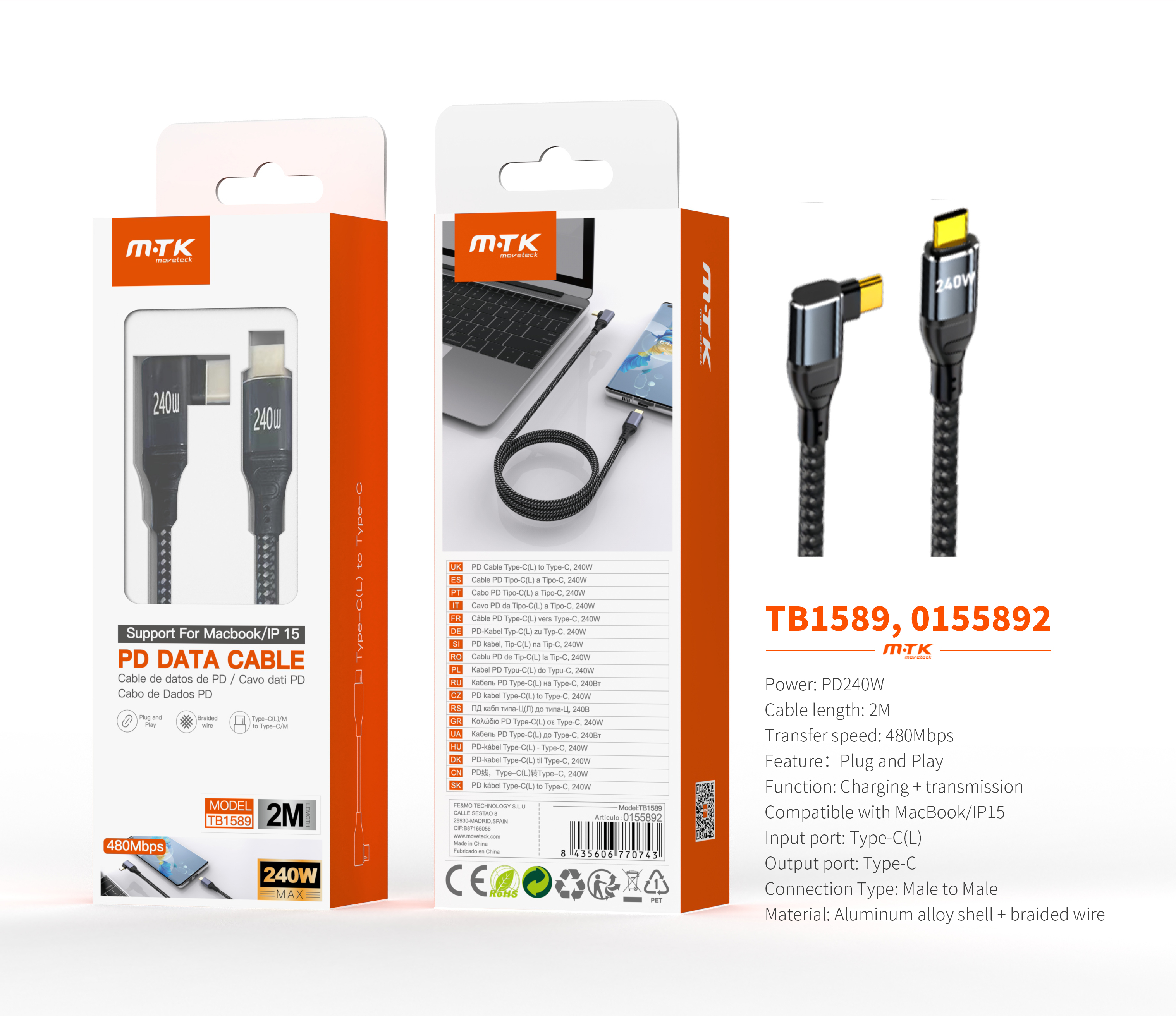TB1589 NE Cable de datos L Chay trenzado para Type-C a Type-C , Carga Rapida PD, 240W/480Mbps, 2M, N