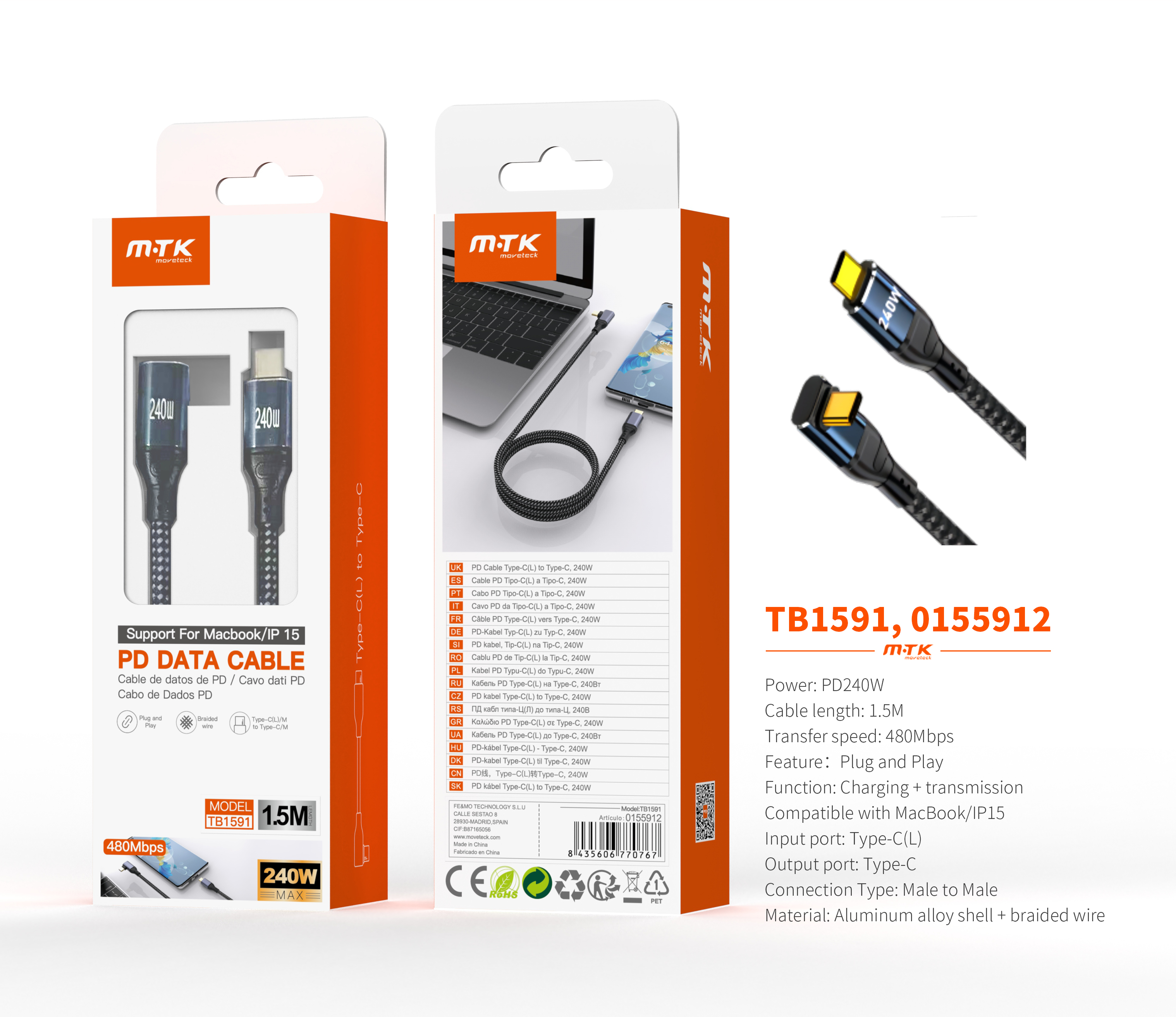 TB1591 NE Cable de datos L Chay trenzado para Type-C a Type-C , Carga Rapida PD, 240W/480Mbps, 1.5M,