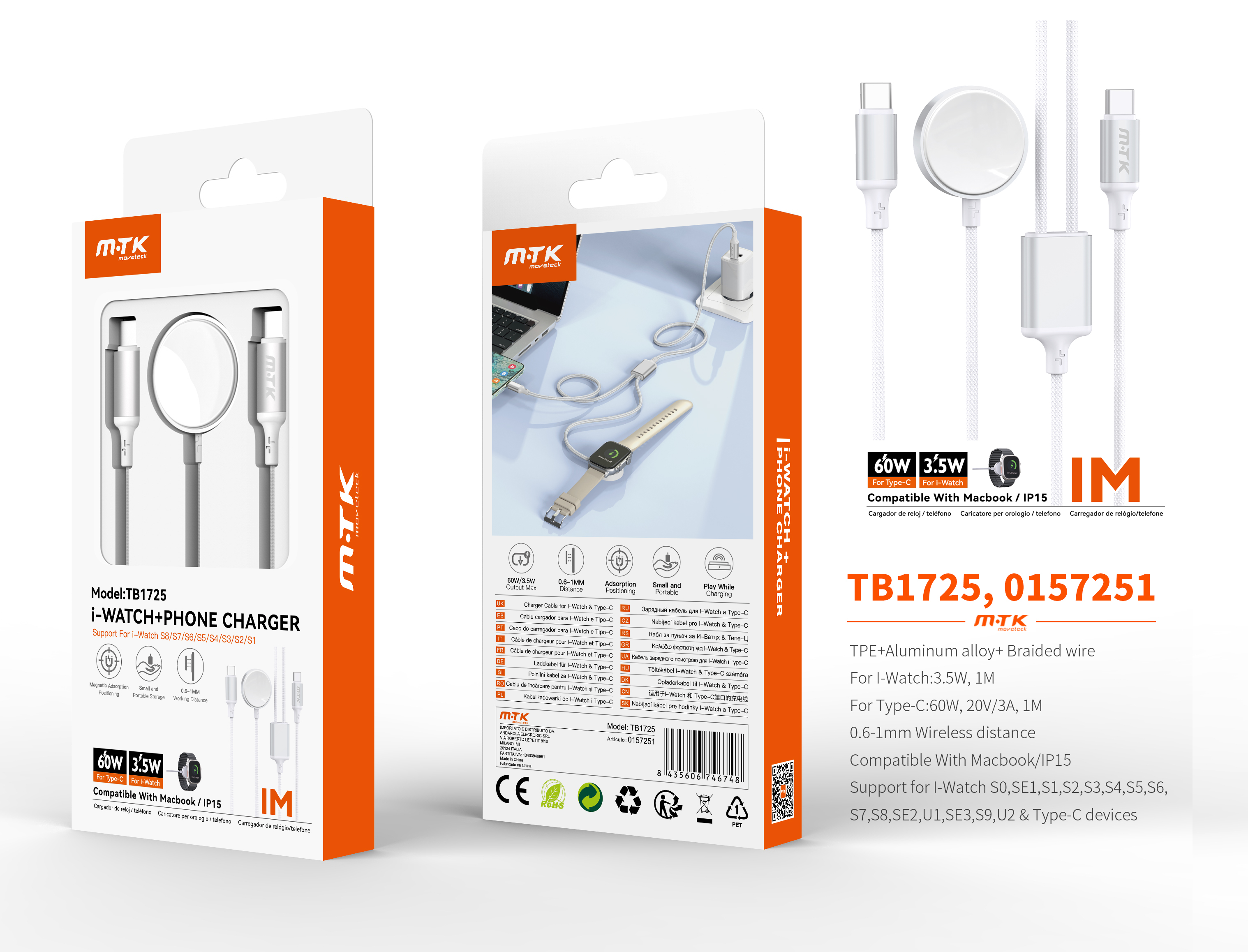 TB1725 BL Cargador Type-C Watch 2 en 1,  con cargador Magnetico 3.5W+ cable  trenzado Type-C 60w, Ca
