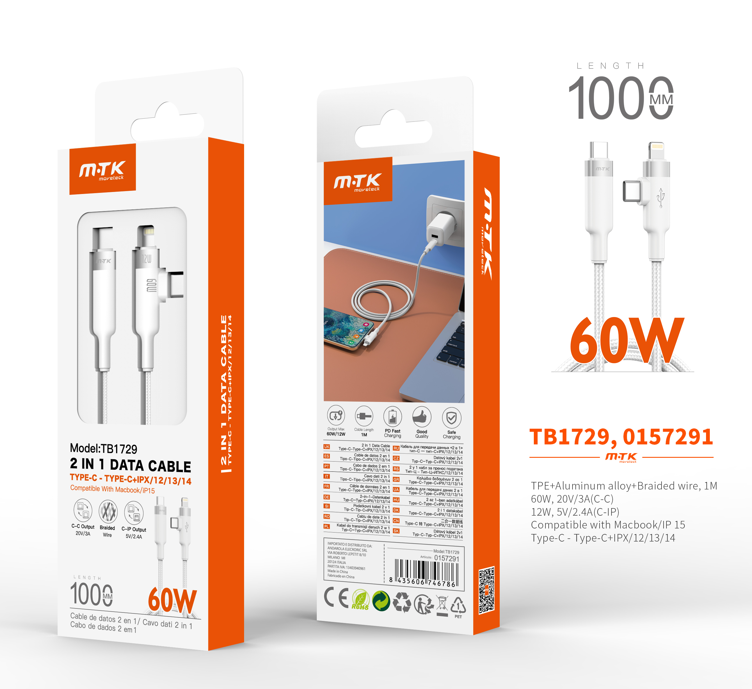 TB1729 BL Cable de datos 2 en 1 Type-C a Light-ning 12W/ Type-C a Type-C 60W, Compatible con Apple Type-C, 1M, Blanco
