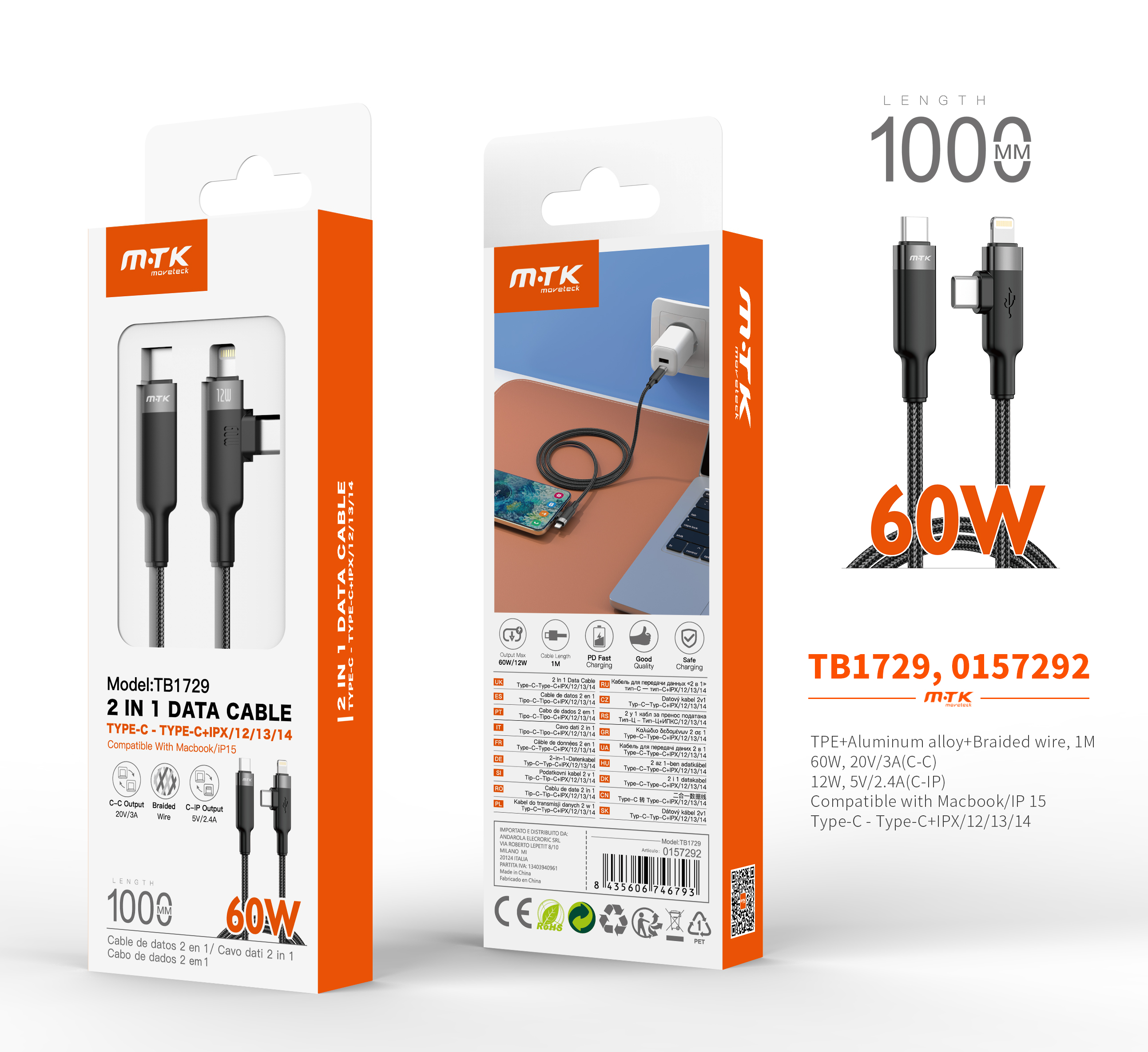 TB1729 NE Cable de datos 2 en 1 Type-C a Light-ning 12W/ Type-C a Type-C 60W, Compatible con Apple Type-C, 1M, Negro