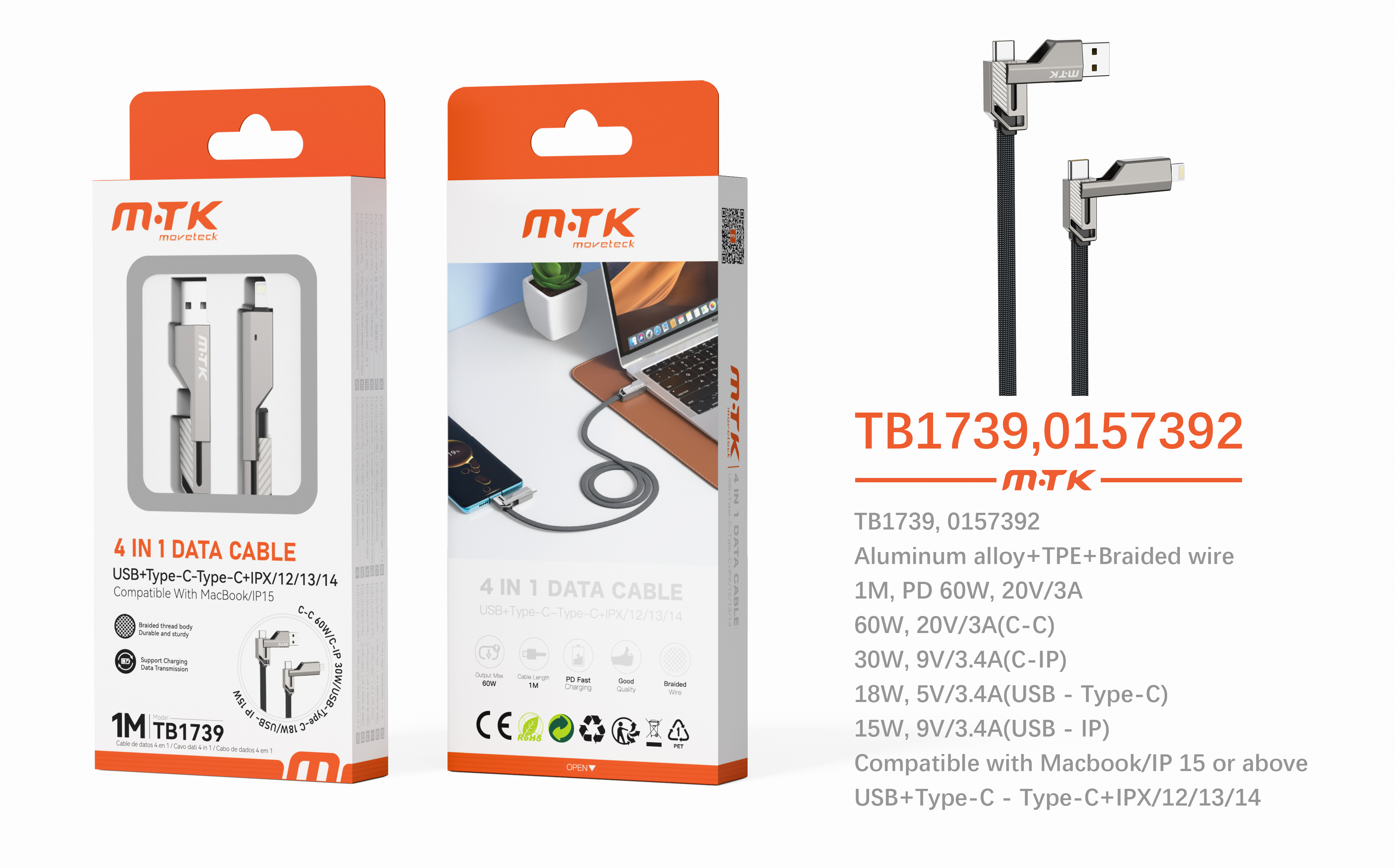 TB1739 NE+GR Luxury Cable de datos 4 en1 Type-/USB-A a Type-C/Iphone,60W Max 1M, Negro+Gris