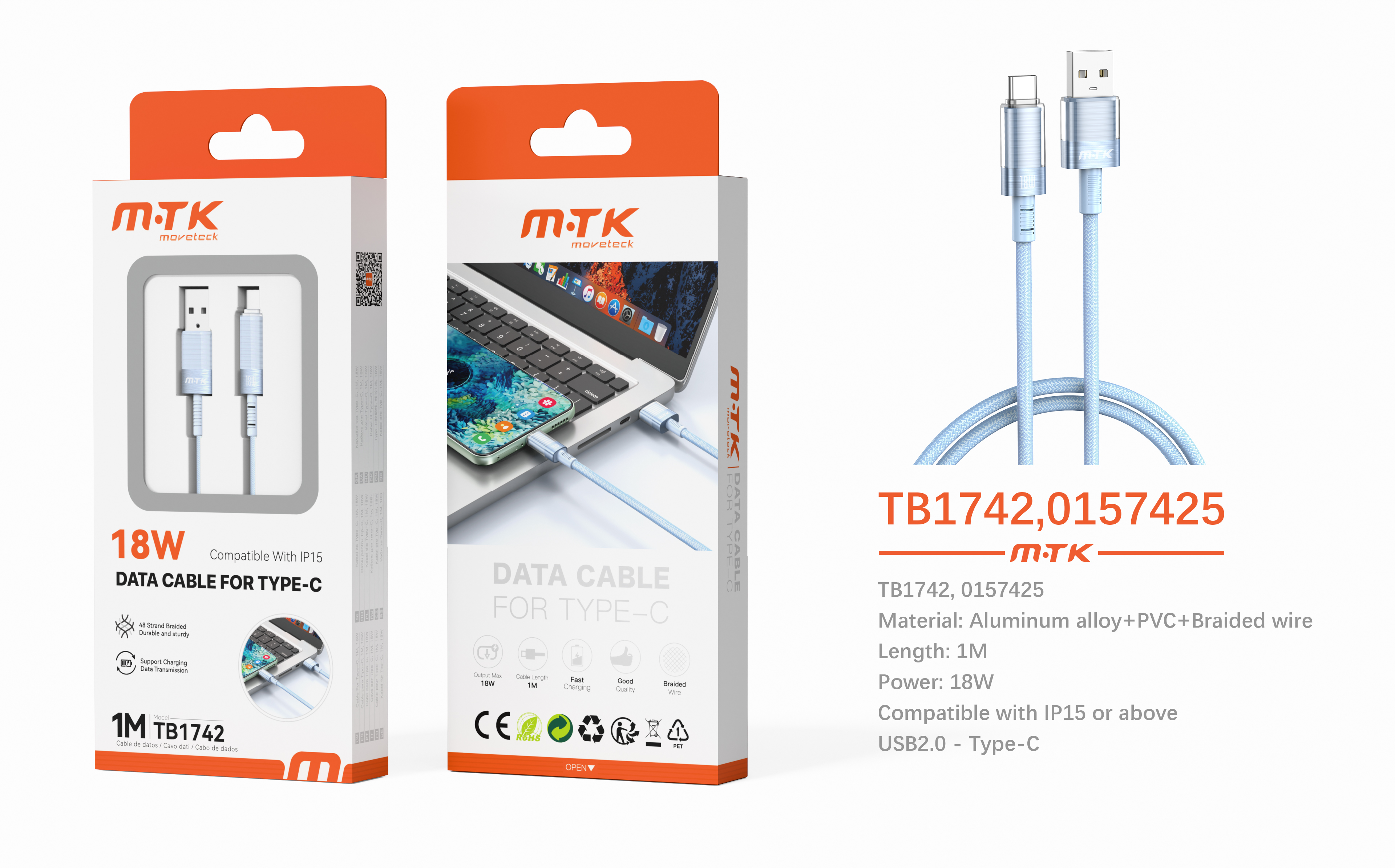 TB1742 AZ Luxury Cable de Datos aluminio trenzado Orfiel para Type-C 18W, Cable 1M, Azul