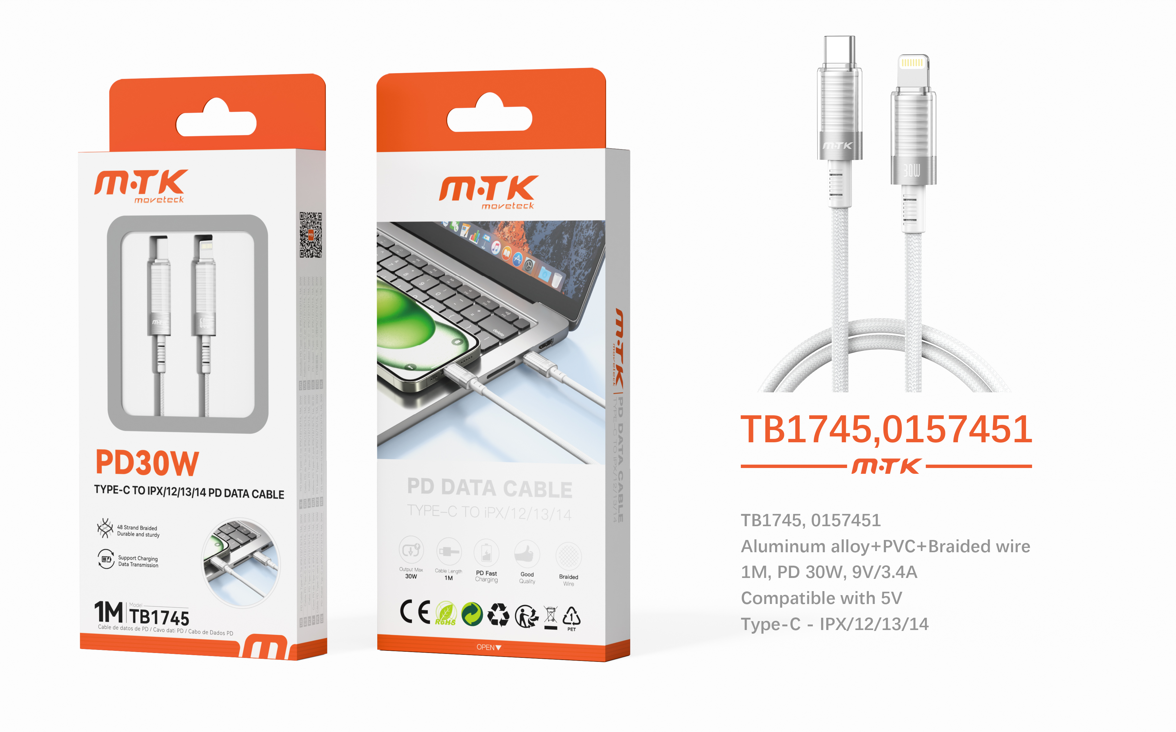 TB1745 BL Luxury Cable de Datos aluminio trenzado Orfiel para Type-C a Iphone, Soporta carga rapida