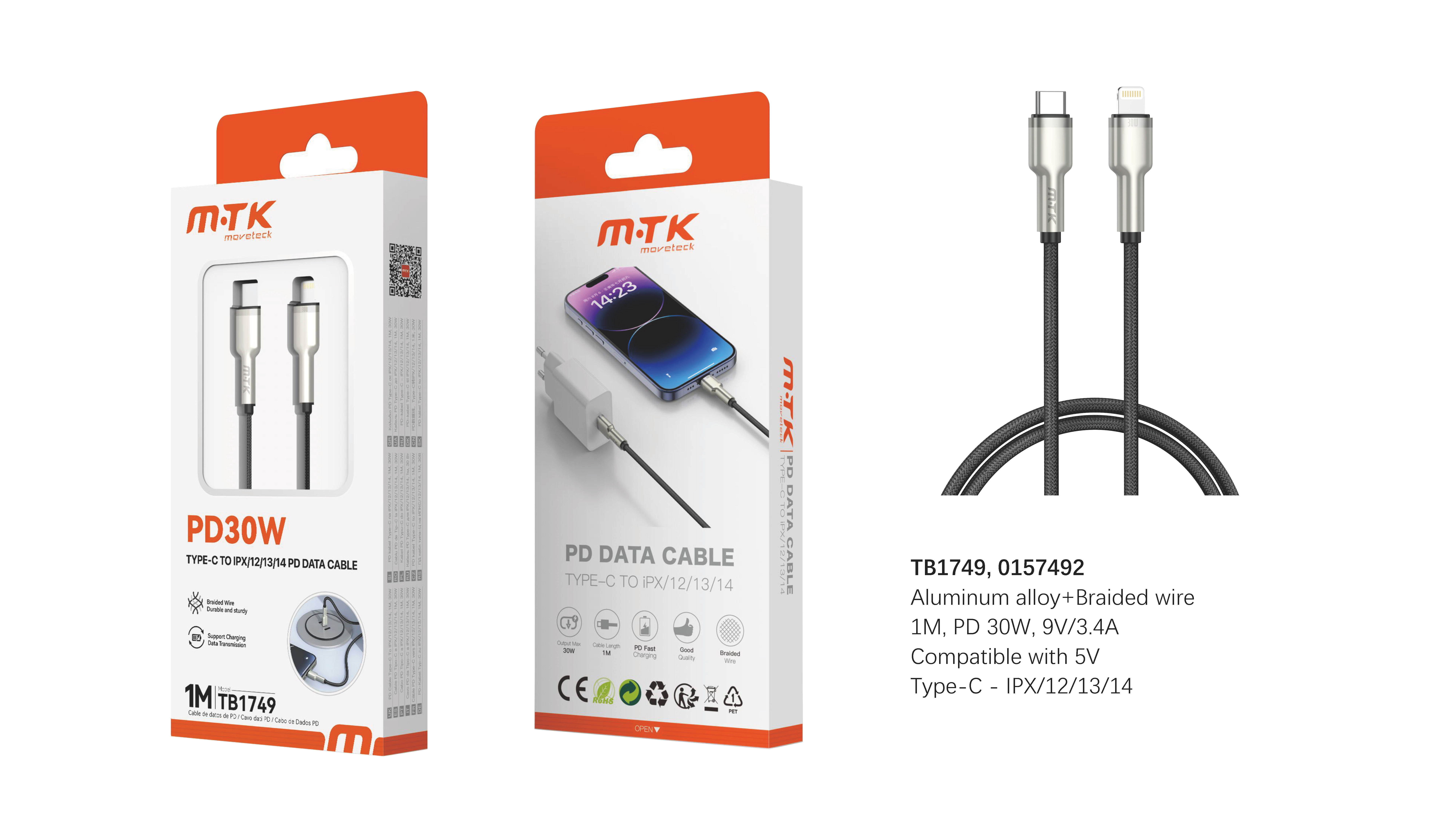 TB1749 Luxury Cable de datos Trelan trenzado para Type-C a Lightning, 30W/9V/3.4A, 1M, Negro+Oro