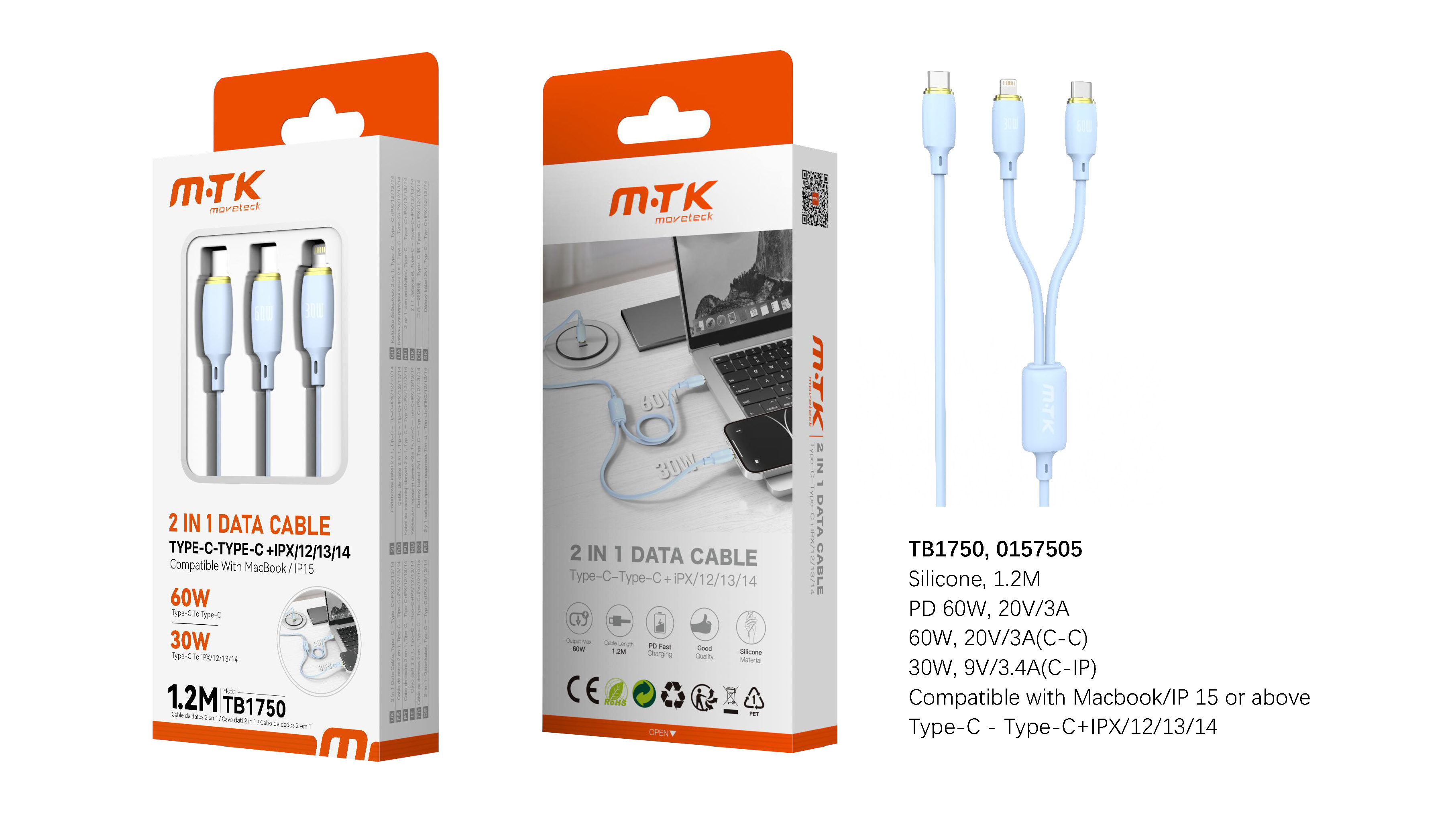 TB1750 AZ+OR Luxury Cable de datos  2en1 Type-C a Type-C 60W+Lightning 30W, 1M, Azul+Oro