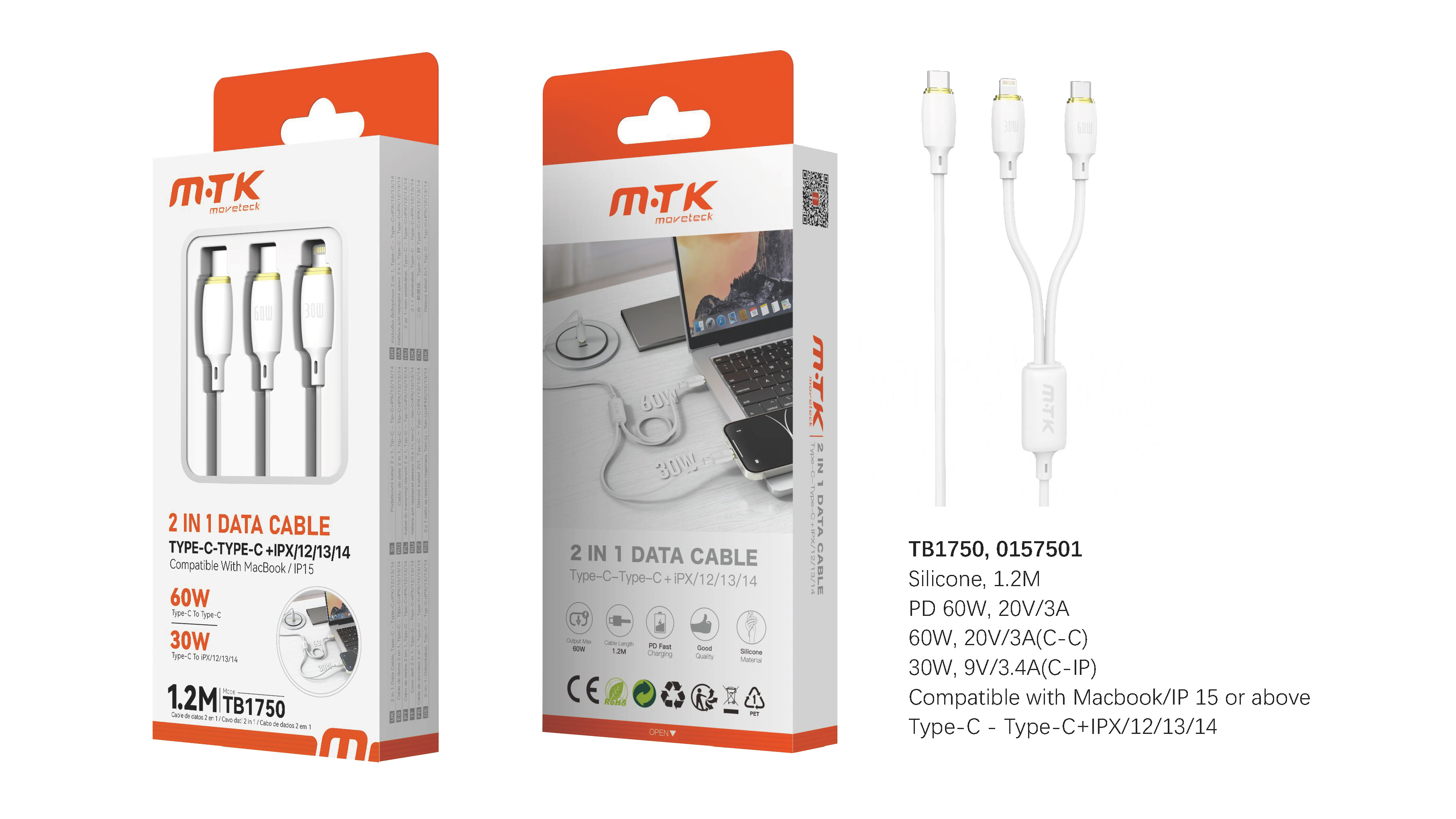 TB1750 BL+OR Luxury Cable de datos  2en1 Type-C a Type-C 60W+Lightning 30W, 1M, Blanco+Oro