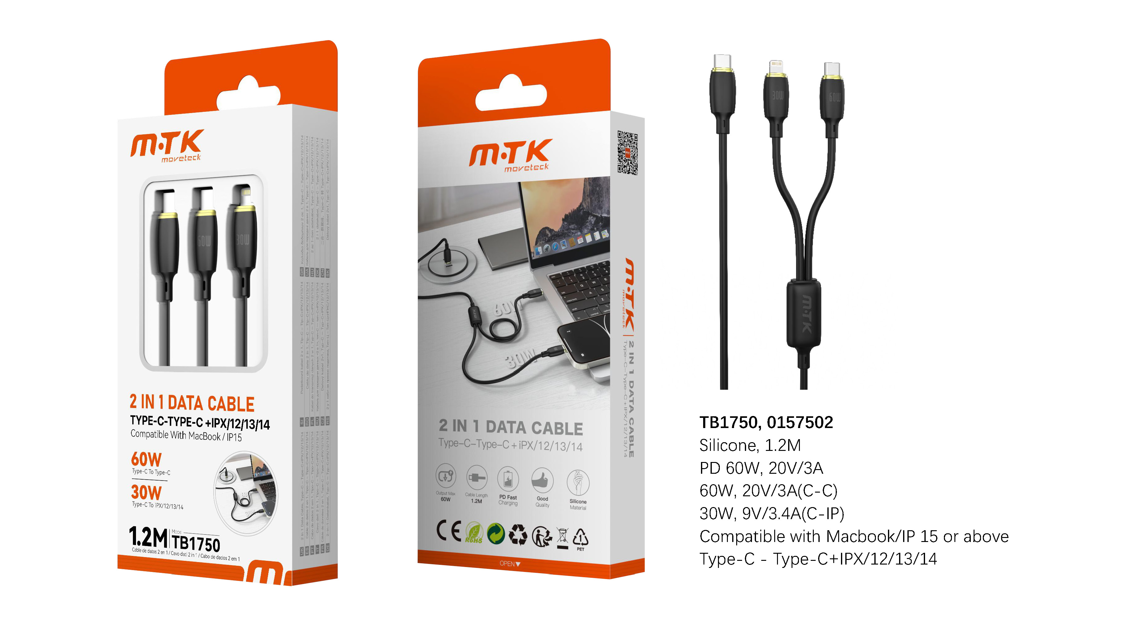 TB1750 NE+OR Luxury Cable de datos  2en1 Type-C a Type-C 60W+Lightning 30W, 1M, Negro+Oro