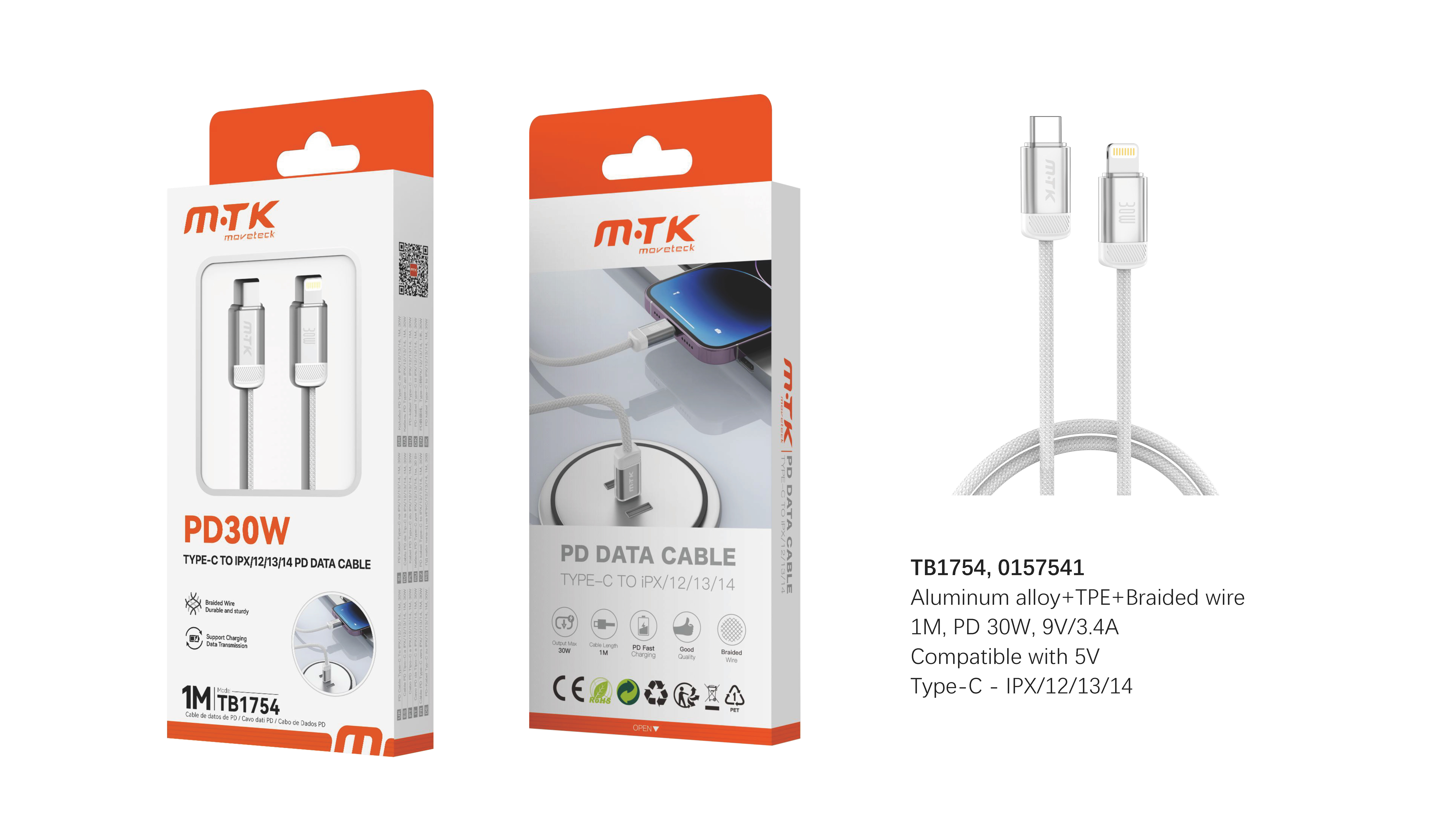 TB1754 Luxury Cable de datos Dralvox trenzado para Type-C a Lightning, 30W/9V/3.4A, 1M, Blanco+Plata