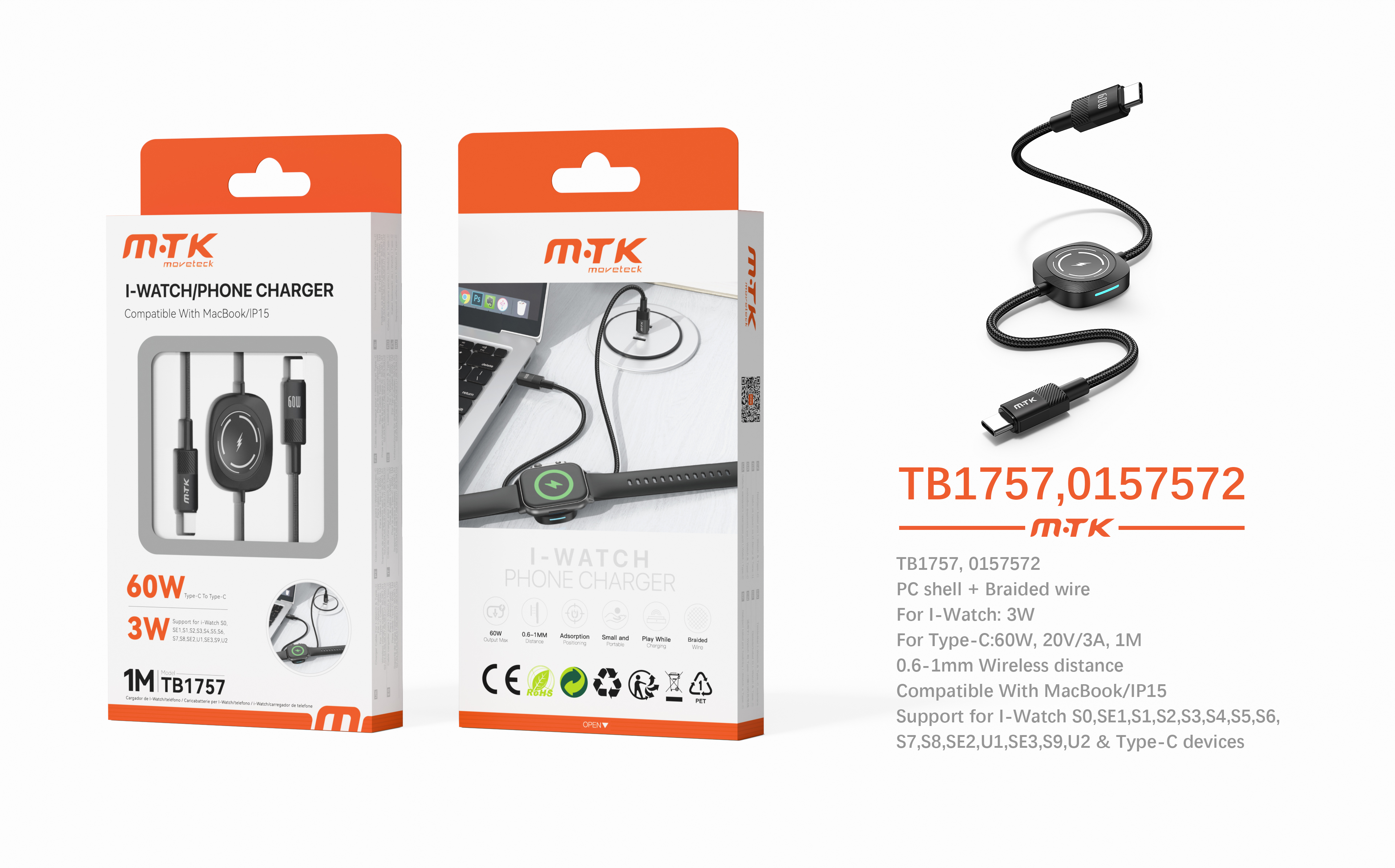 TB1757 NE Luxury Cable trenzado de Carga Type-C 2 en 1 para I-Watch 3W/Type-C 60W, Cable 1M, Compati