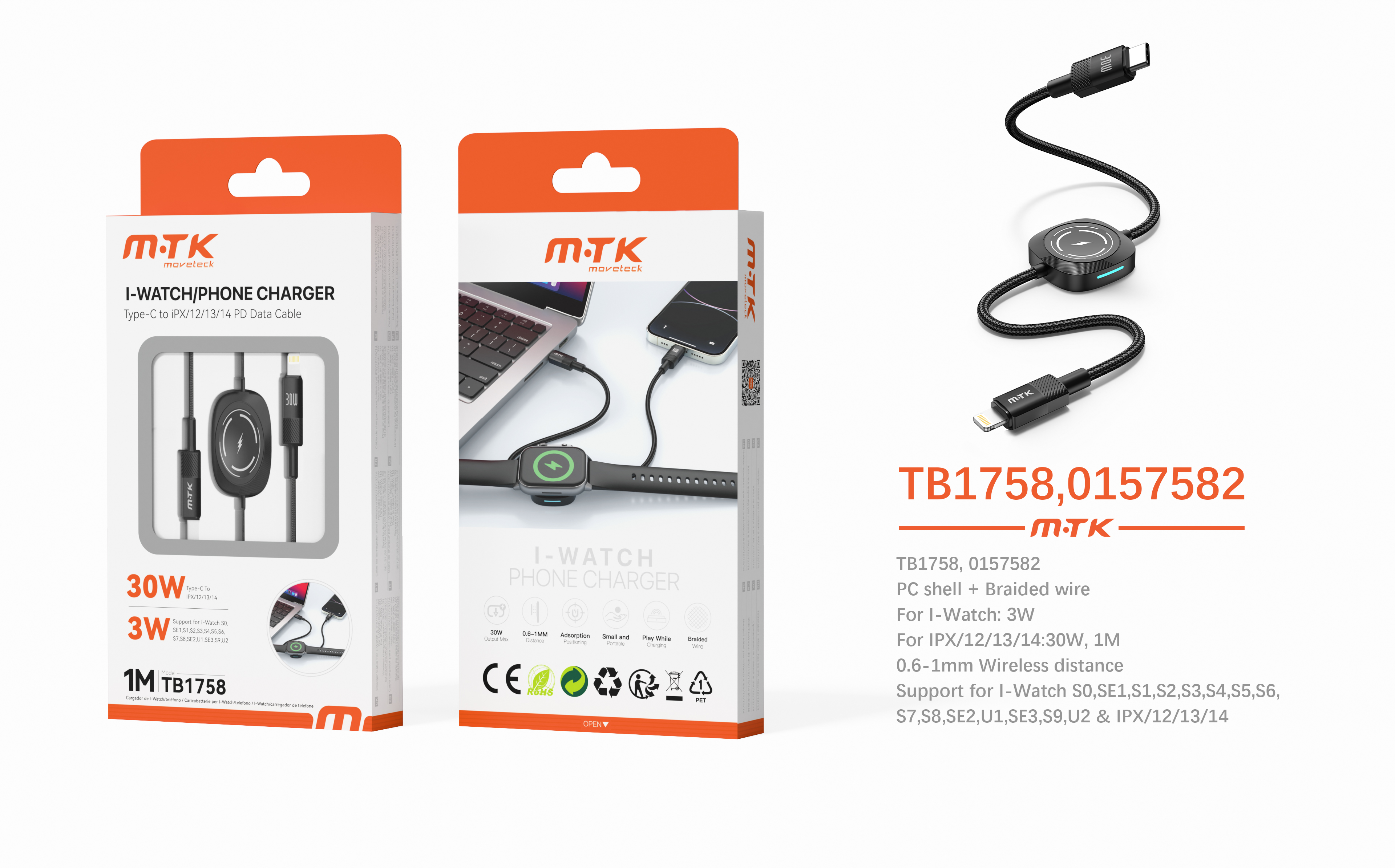 TB1758 NE Luxury Cable trenzado de Carga Type-C 2 en 1 para I-Watch 3W/Iphone 30W, Cable 1M, Negro