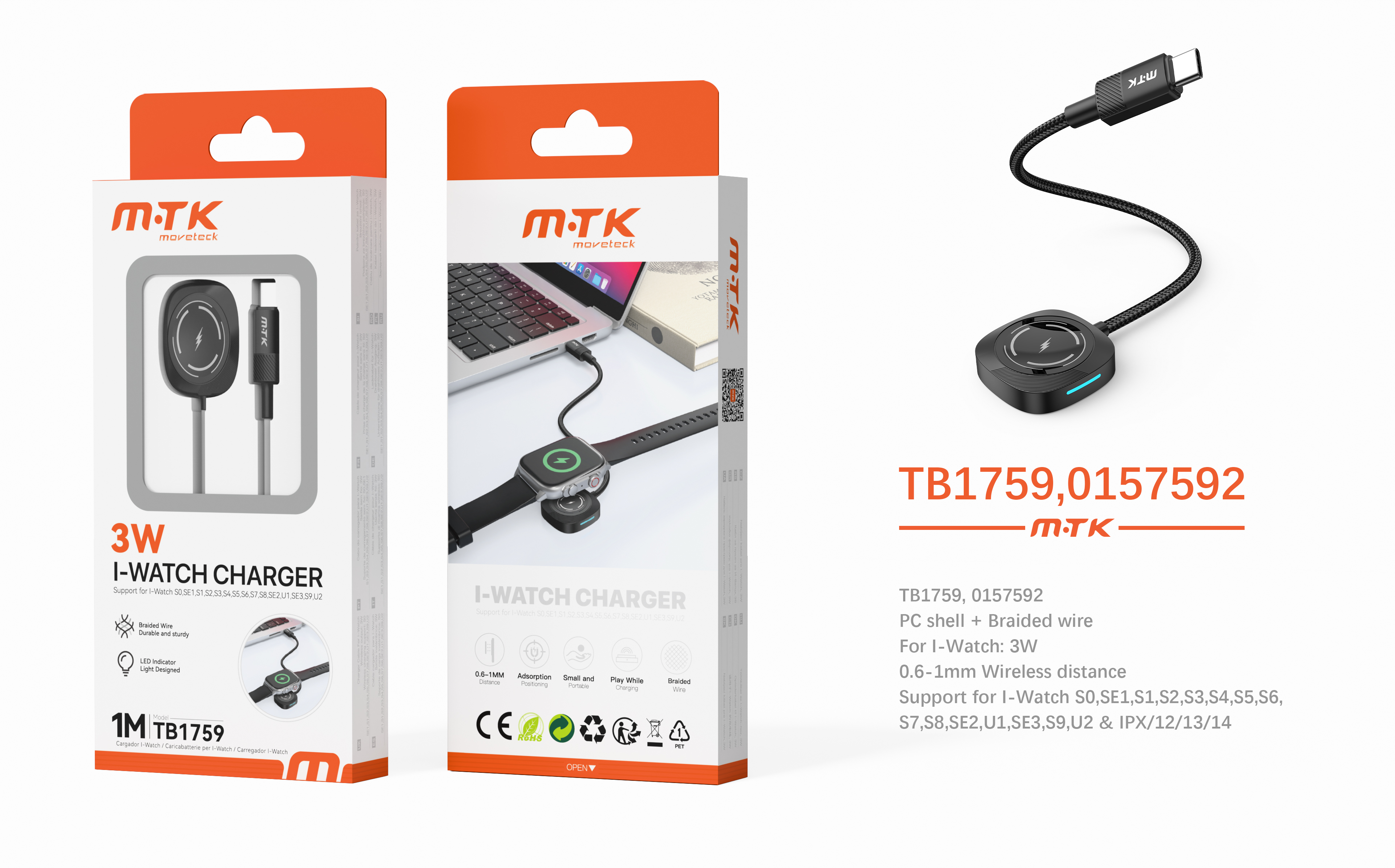 TB1759 NE Luxury Cable trenzado de Carga Type-C para I-Watch 3W, Cable 1M, Negro