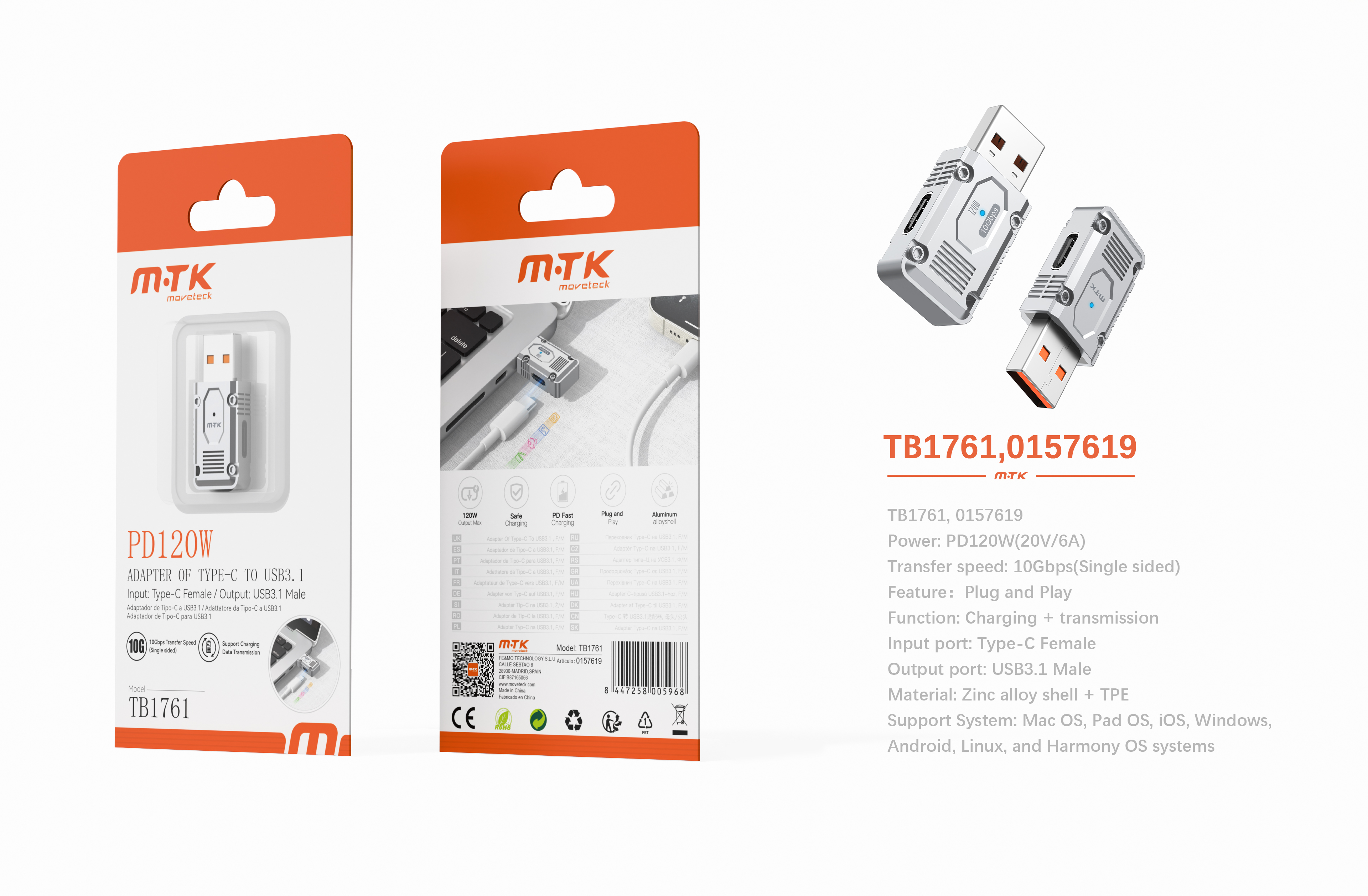 TB1761 GR Luxury Adaptador aluminio de dato y carga USB-A 3.1 a Type-C 120W/20V/6A/10Gbps unidirecci