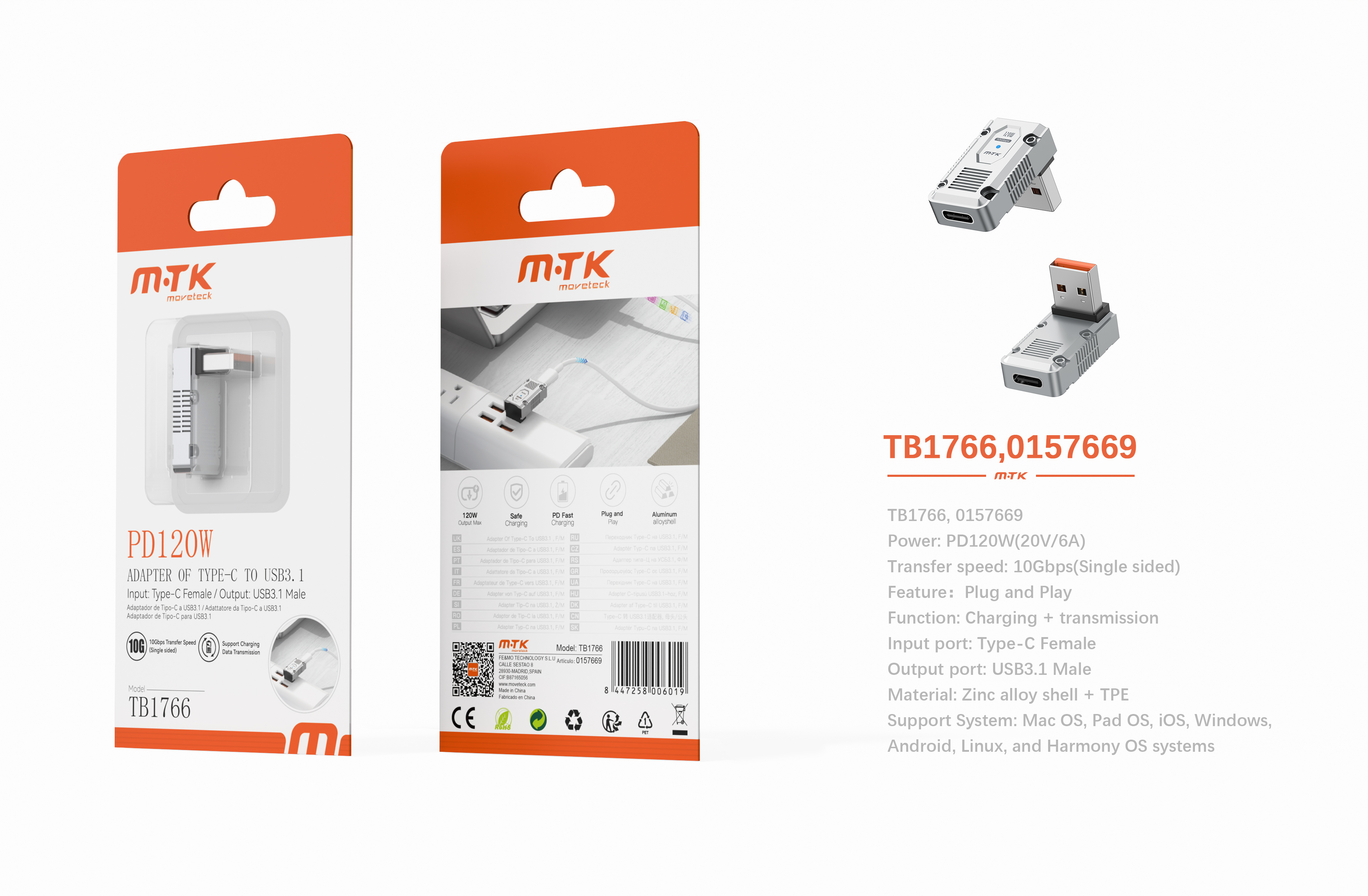 TB1766 GR Luxury Adaptador aluminio en T de dato y carga USB-A 3.1 a Type-C 120W/20V/6A/10Gbps unidi