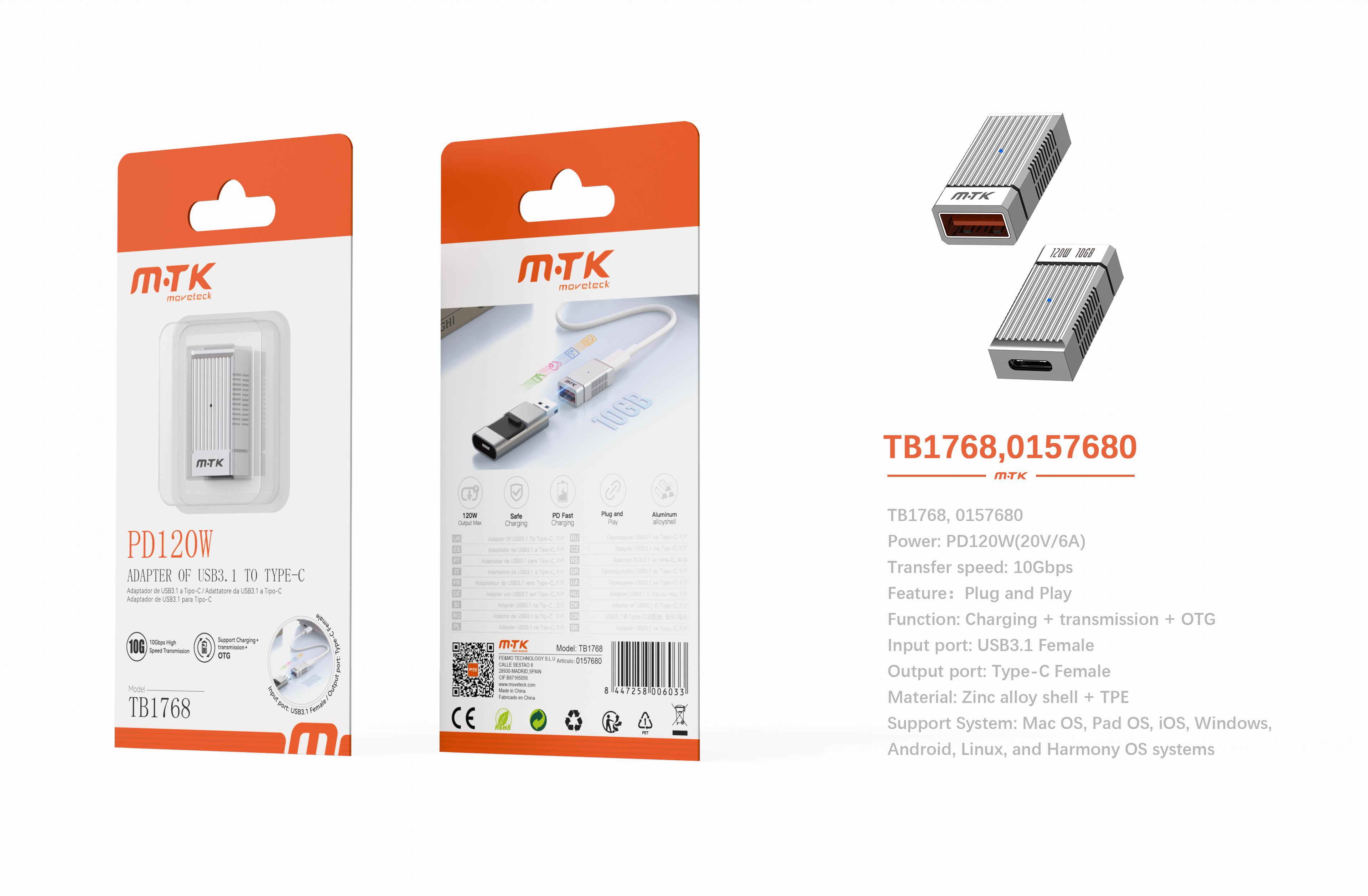 TB1768 GR Luxury Adaptador aluminio OTG de dato y carga USB-A 3.1 a Type-C 120W/20V/6A/10Gbps compat