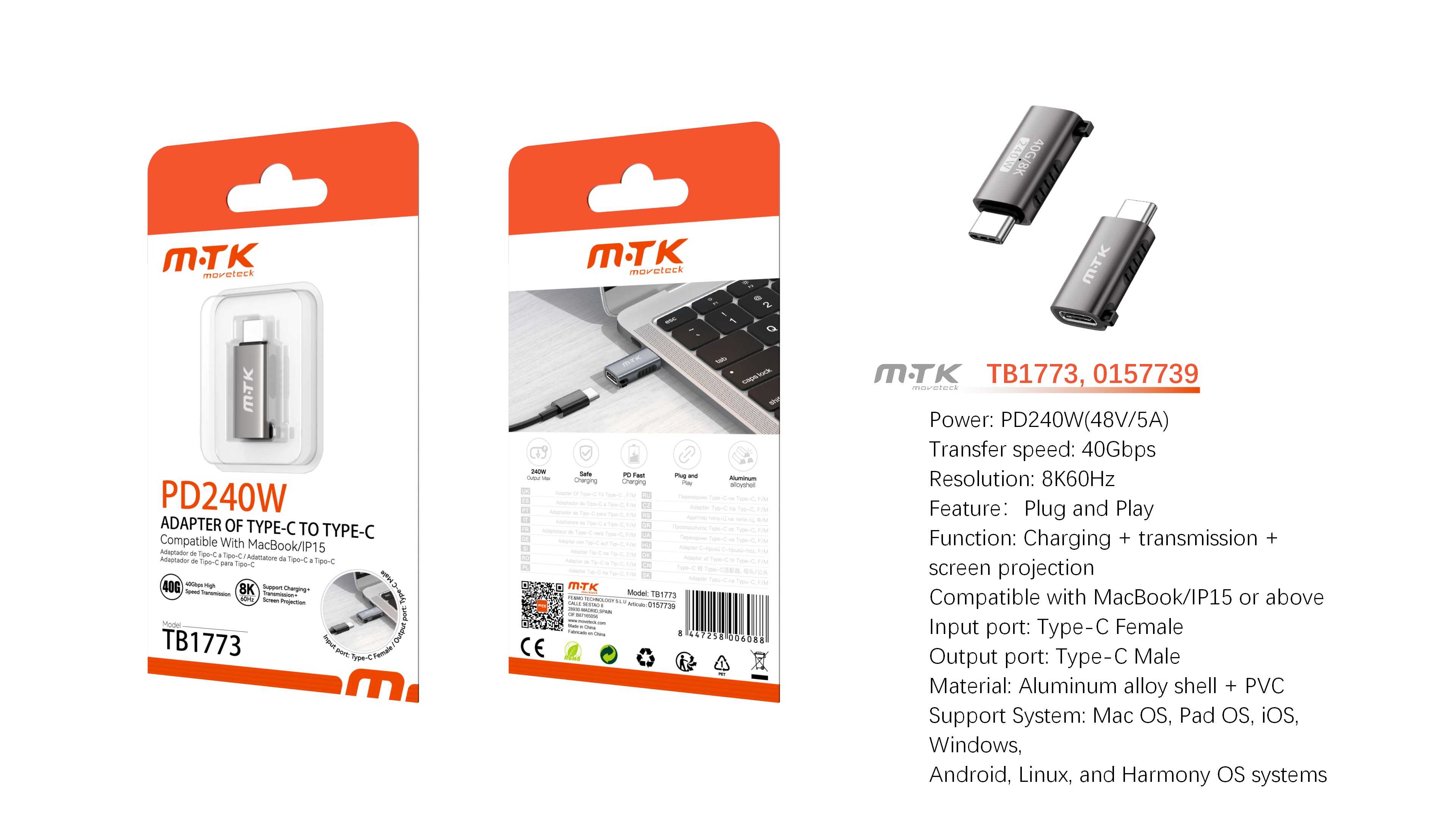 TB1773 GR Luxury Adaptador aluminio dato+carga+transmision de video Type-C a Type-C 240W/48V/5A/40Gb