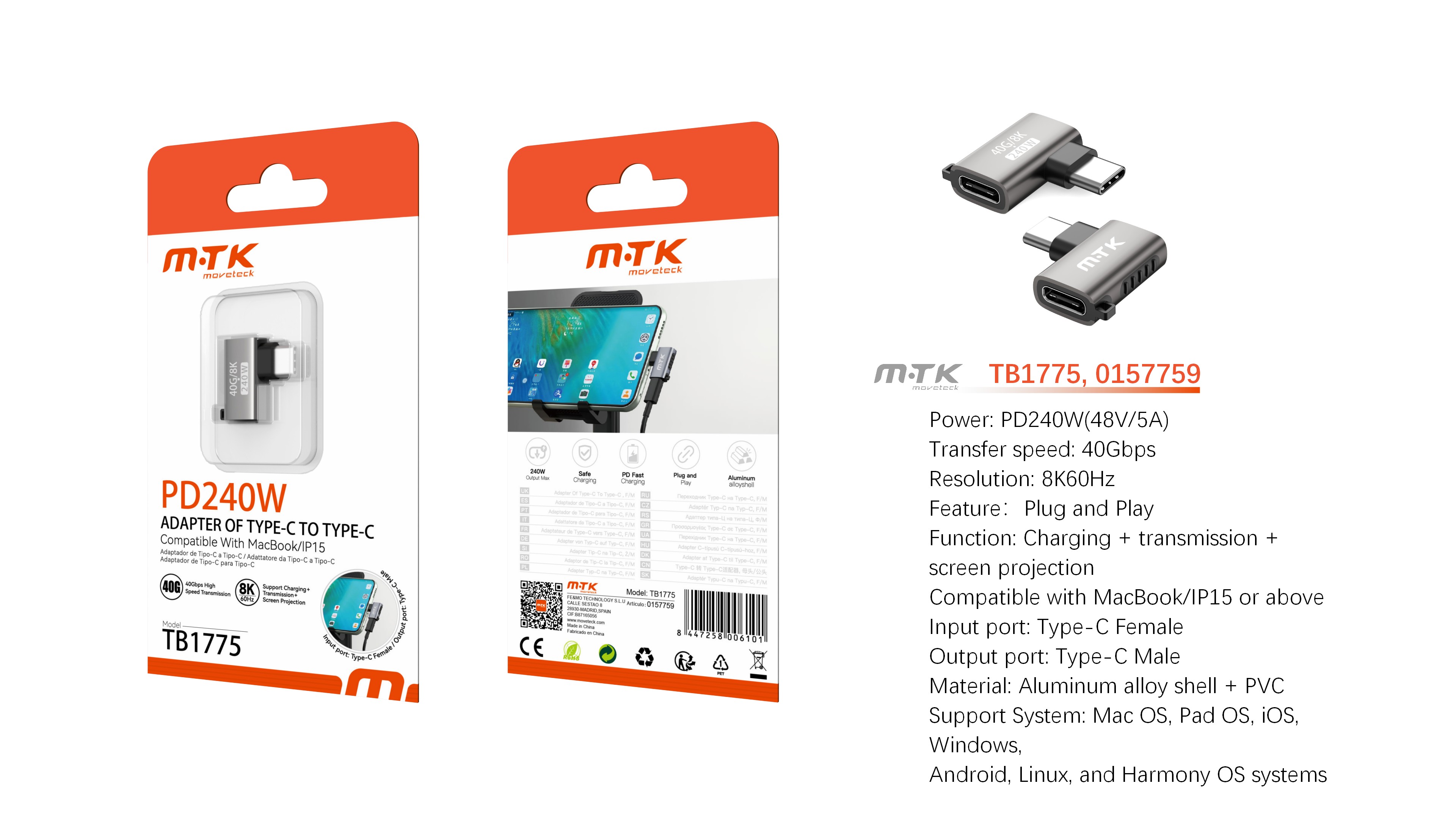 TB1775 GR Luxury Adaptador aluminio en L dato+carga+transmision de video Type-C a Type-C 240W/48V/5A