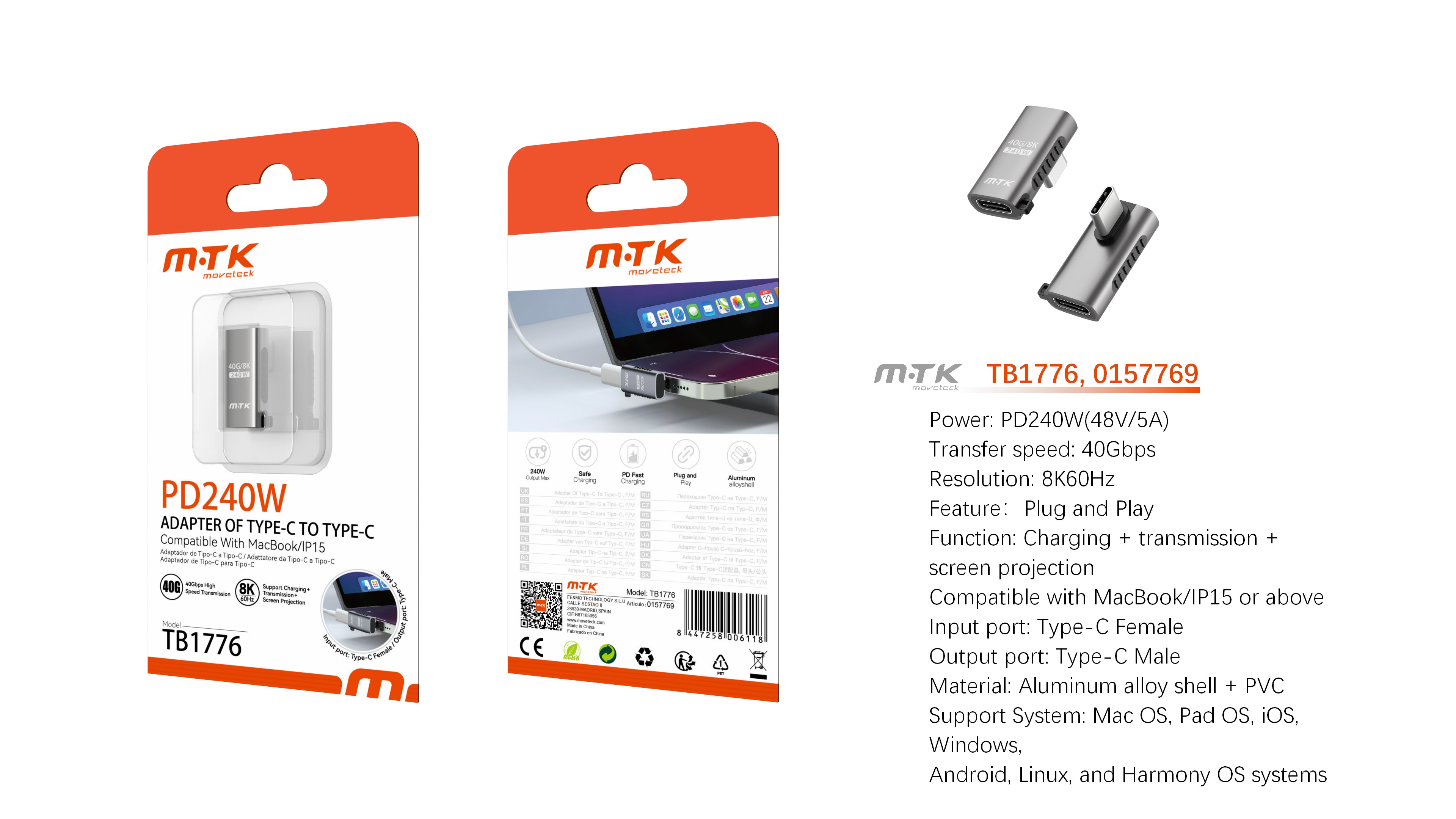 TB1776 GR Luxury Adaptador aluminio en T dato+carga+transmision de video Type-C a Type-C 240W/48V/5A