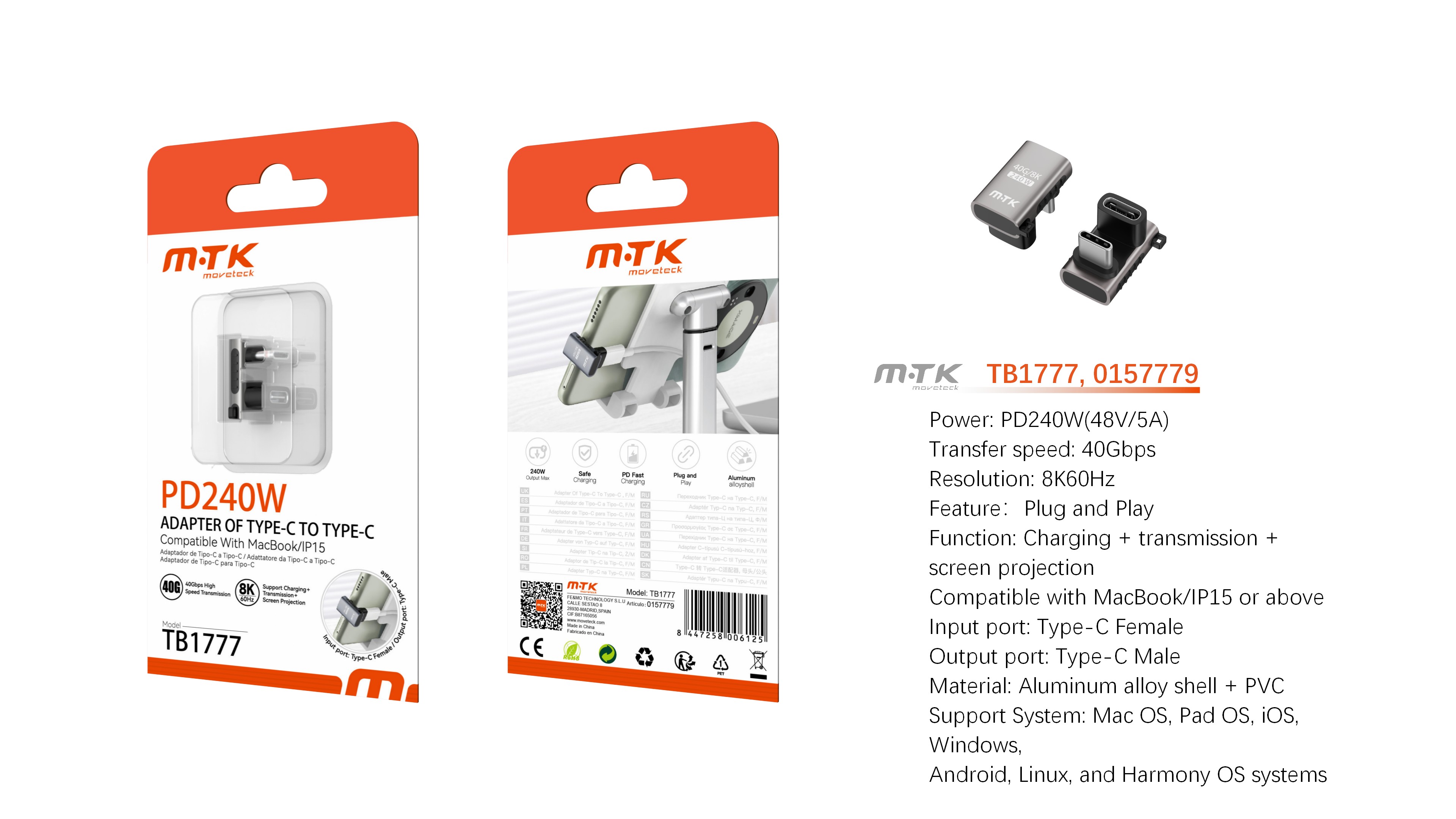 TB1777 GR Luxury Adaptador aluminio en U dato+carga+transmision de video Type-C a Type-C 240W/48V/5A