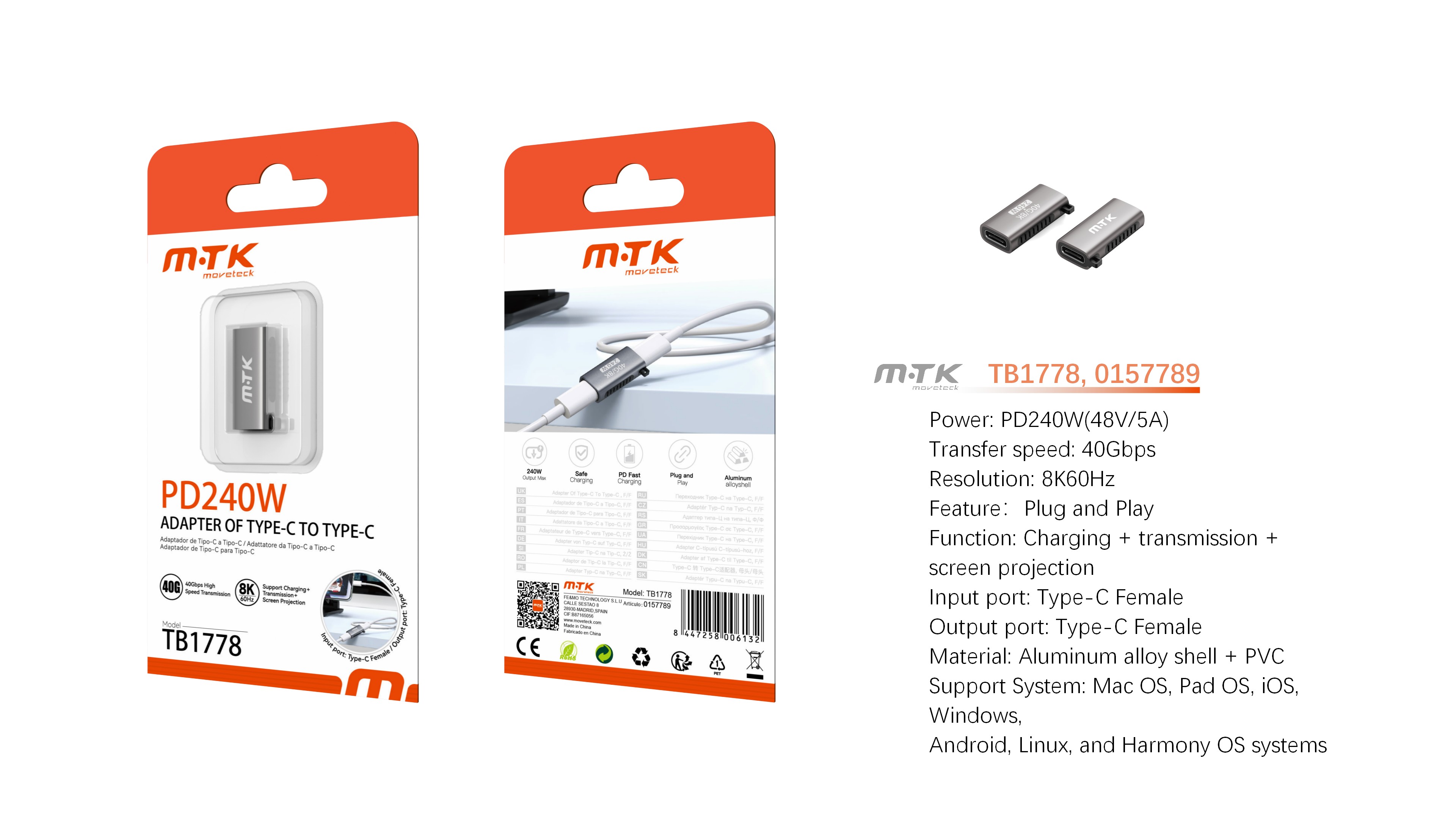 TB1778 GR Luxury Adaptador aluminio dato+carga+transmision de video Type-C a Type-C 240W/48V/5A/40Gb