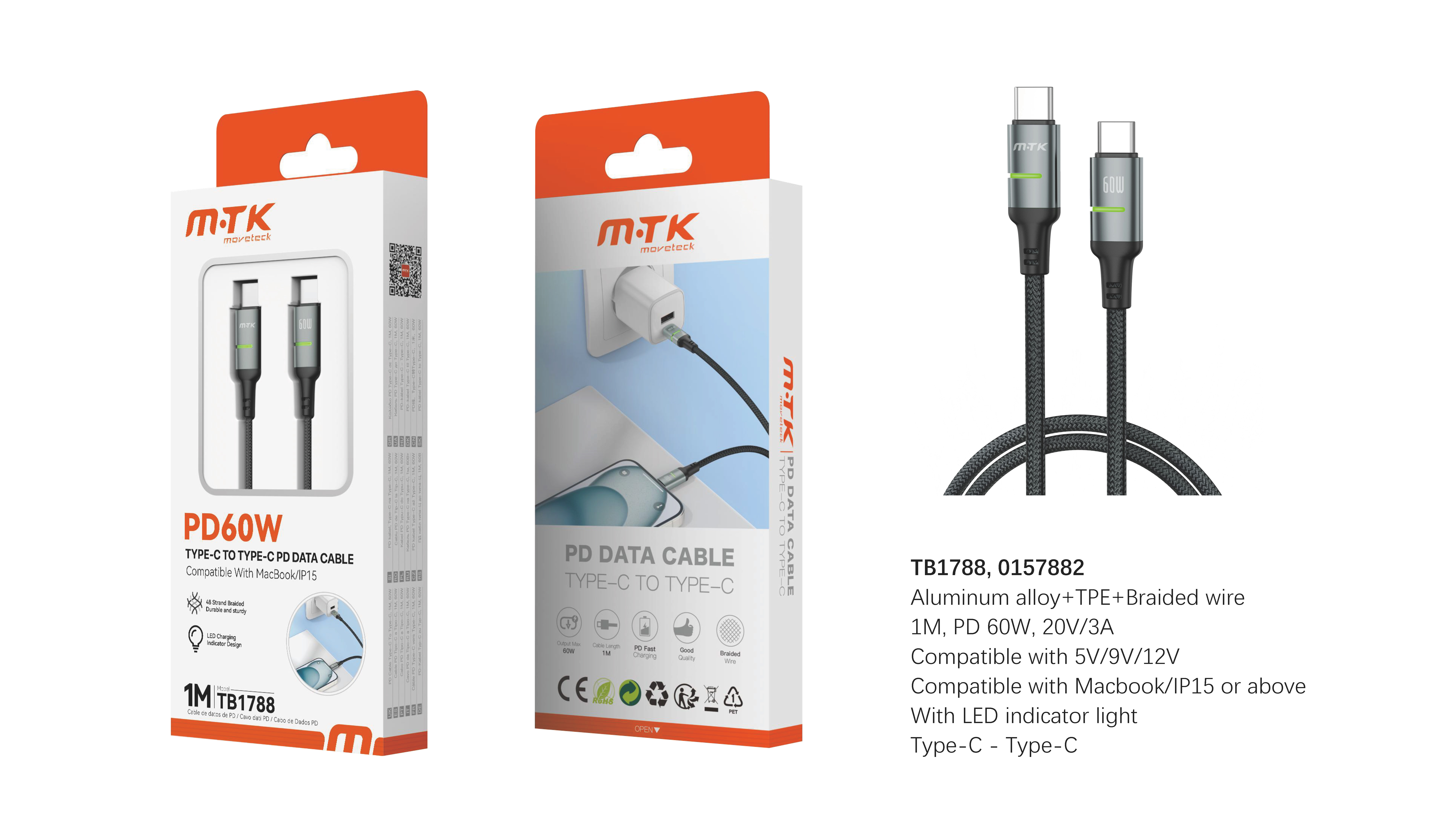 TB1788 Luxury Cable de datos Quantil trenzado para Type-C a Type-C con indicador Led , Compatible co