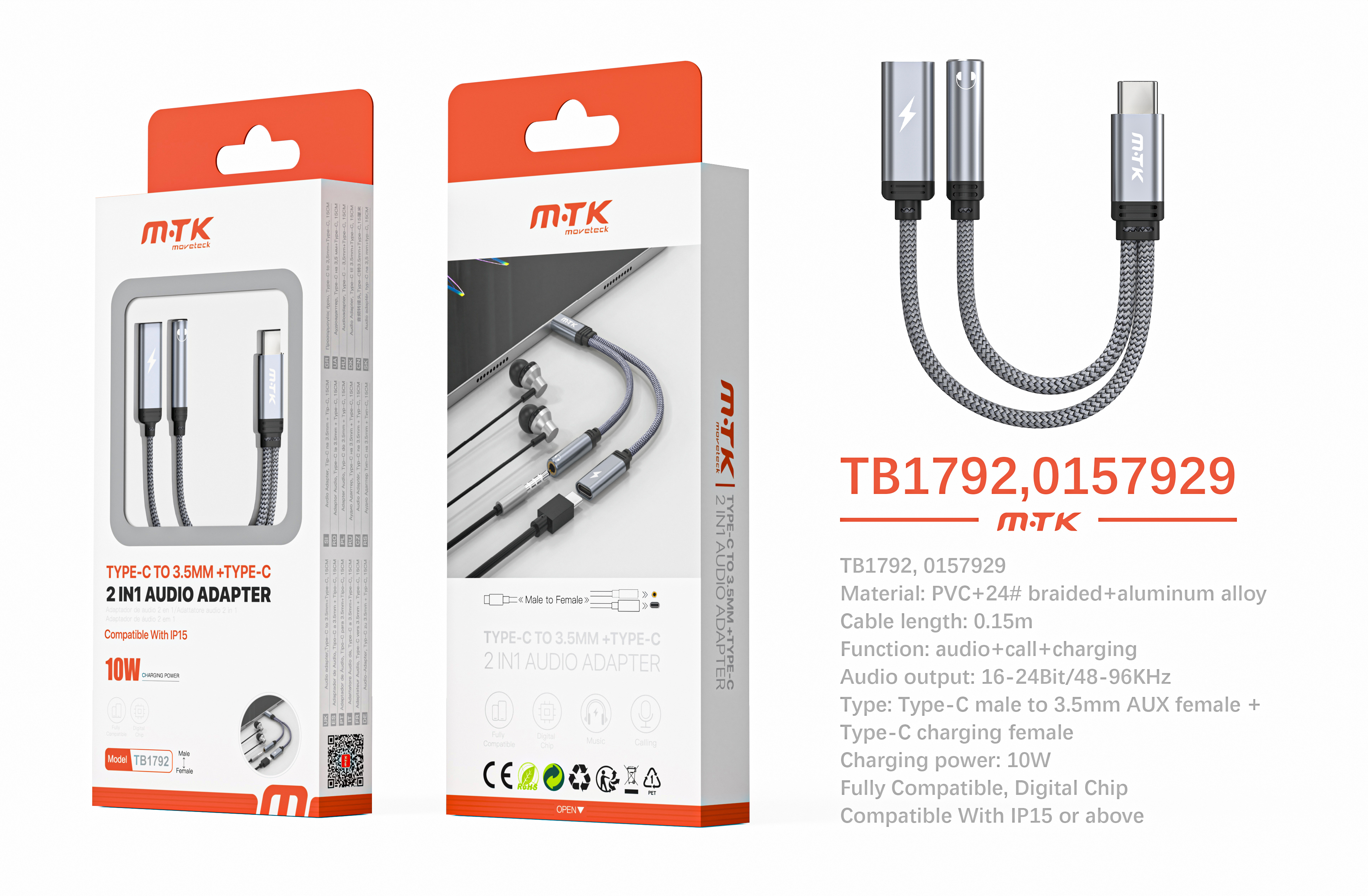 TB1792 GR Luxury Adaptador 2 en  1 Type-C a Type-C carga 10W(Hembra)+ Audio 3.5mm, Full compatible,1