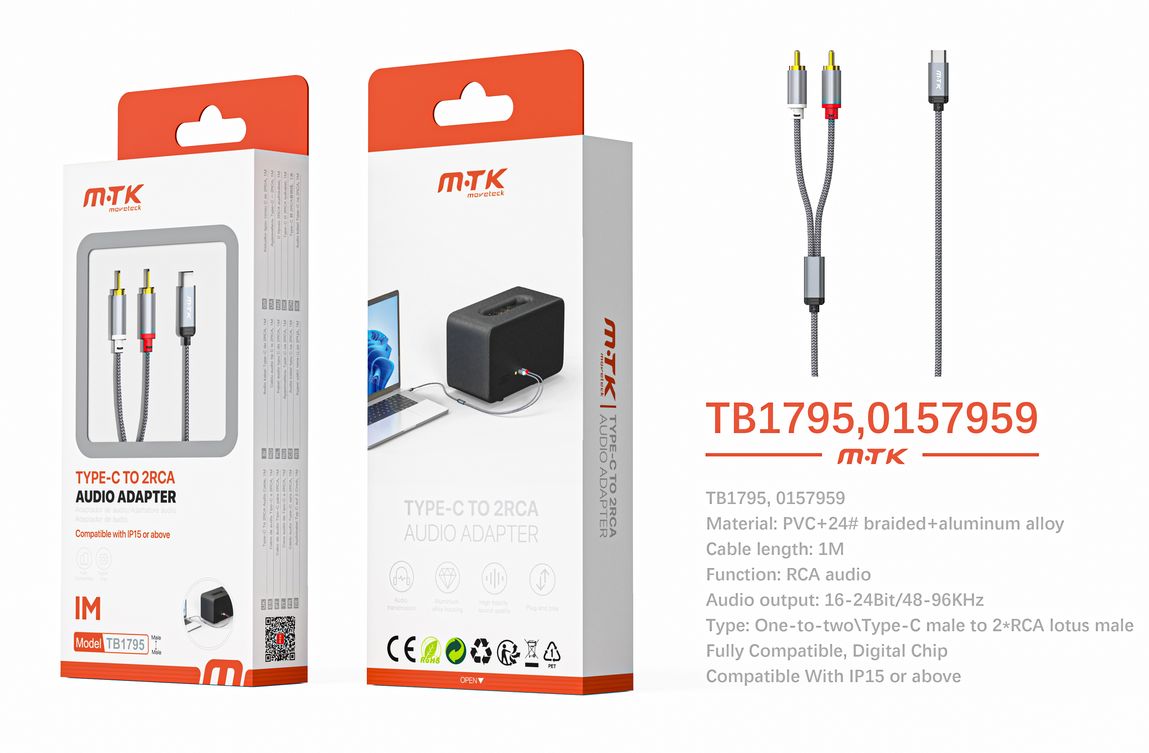 TB1795 GR Luxury Adaptador con cable trenzado Type-C a RCA audio*2 , Full compatible, 1m, Gris
