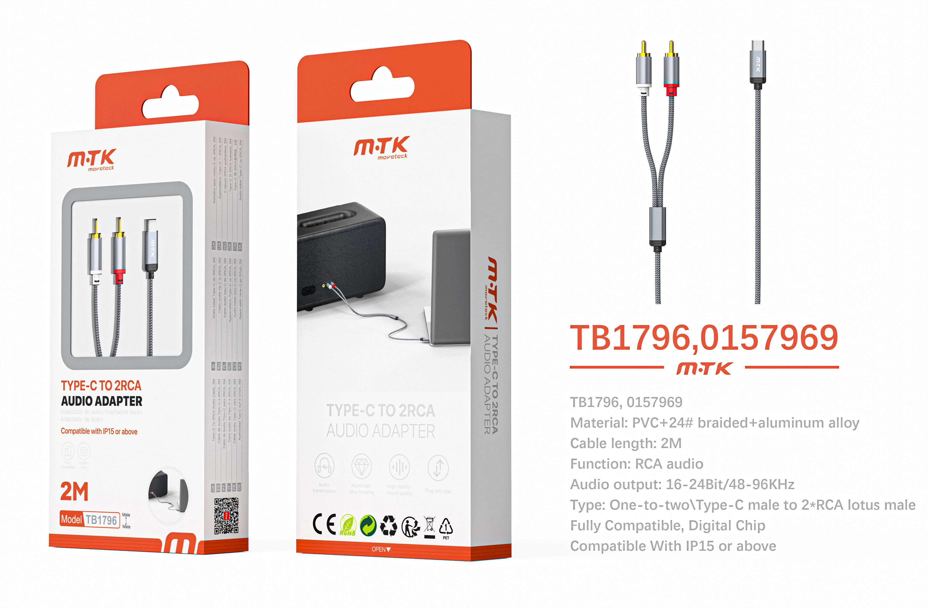 TB1796 GR Luxury Adaptador con cable trenzado Type-C a RCA audio*2 , Full compatible, 2m, Gris