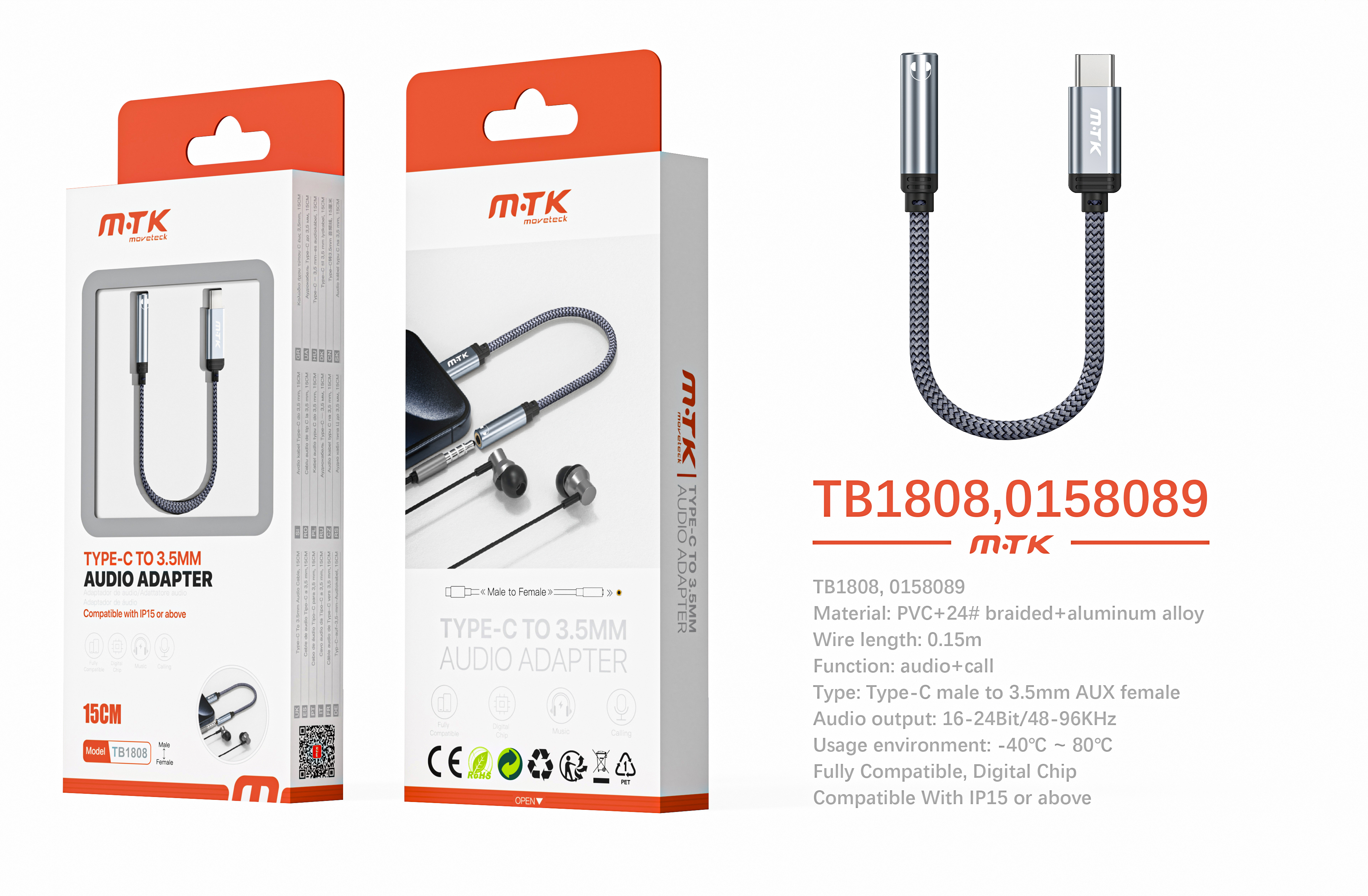 TB1808 GR Luxury Adaptador Type-C a Audio 3.5mm Soporta llamada y audio, Full compatible, 0.15cm, Gr