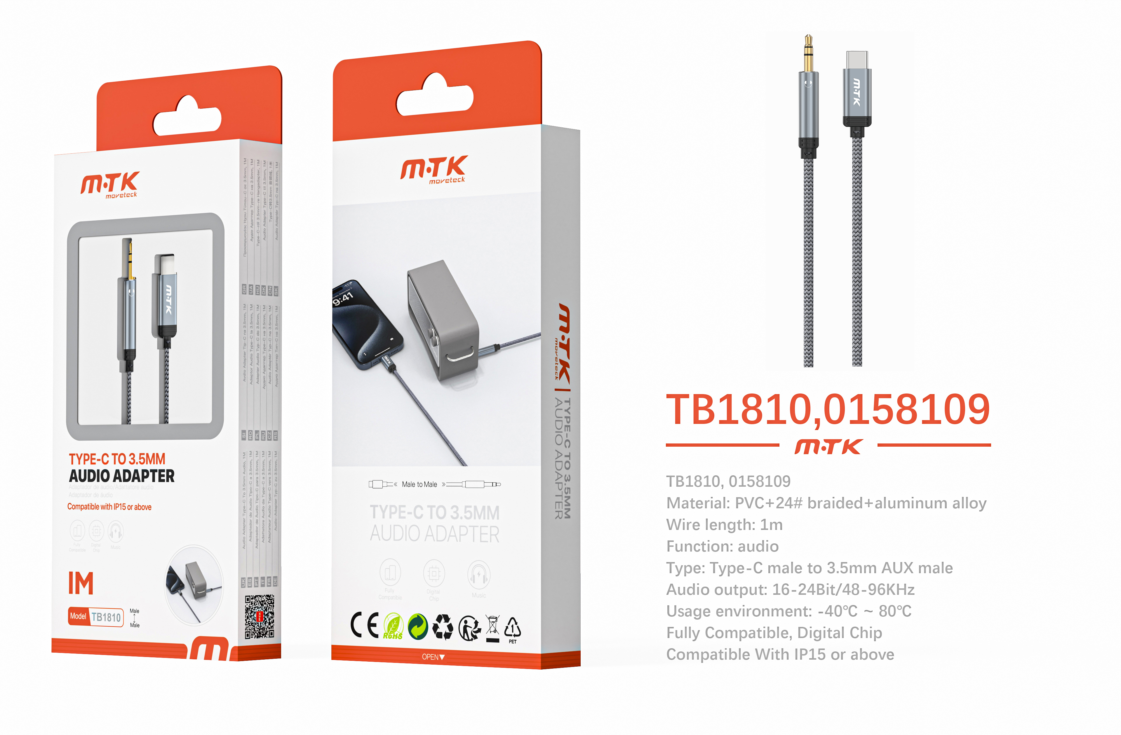 TB1810 GR Luxury  Cable de audio aluminio trenzado Type-C a Audio 3.5mm, Full compatible, 1m, Gris