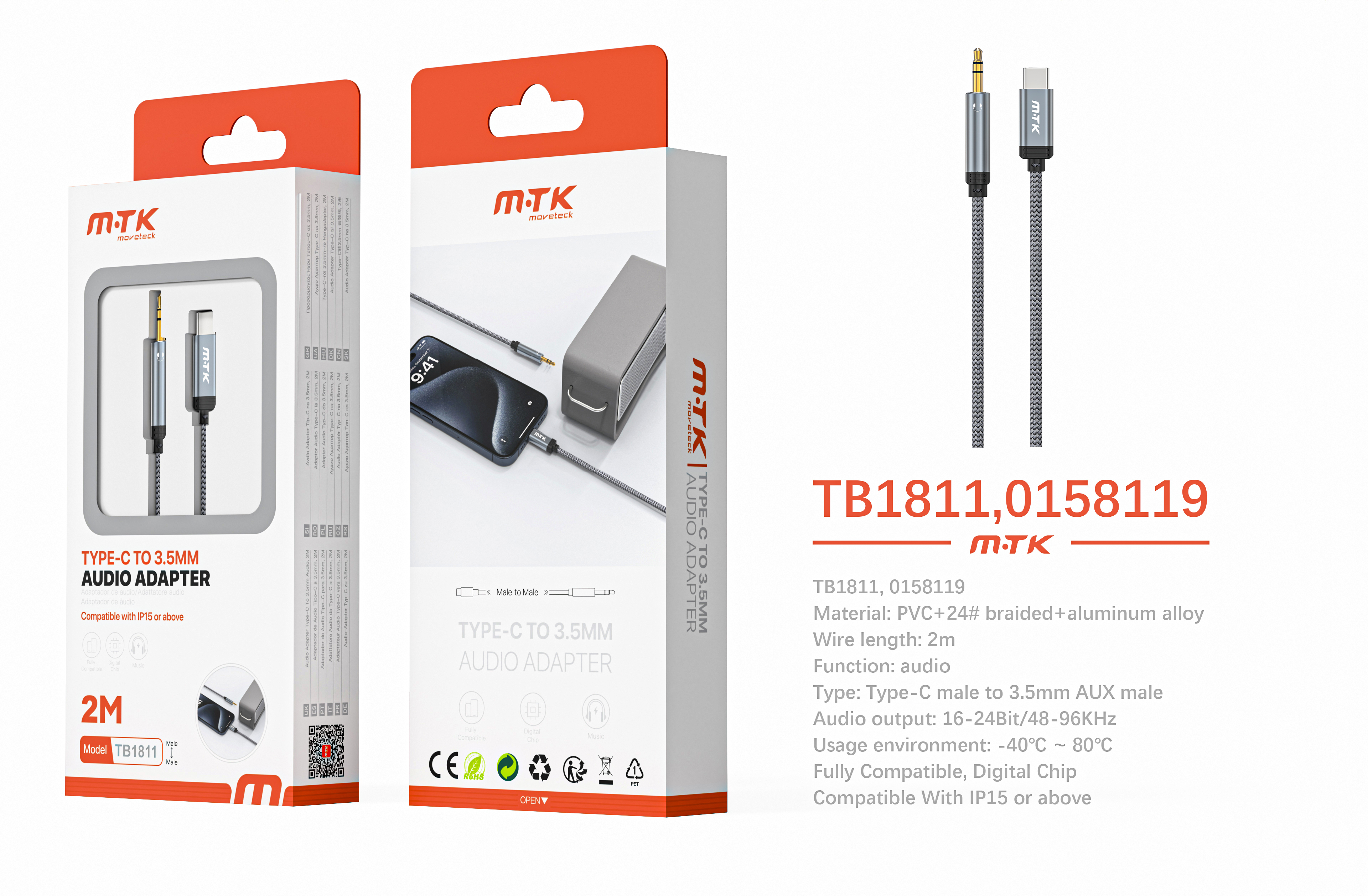TB1811 GR Luxury  Cable de audio aluminio trenzado Type-C a Audio 3.5mm, Full compatible, 2m, Gris