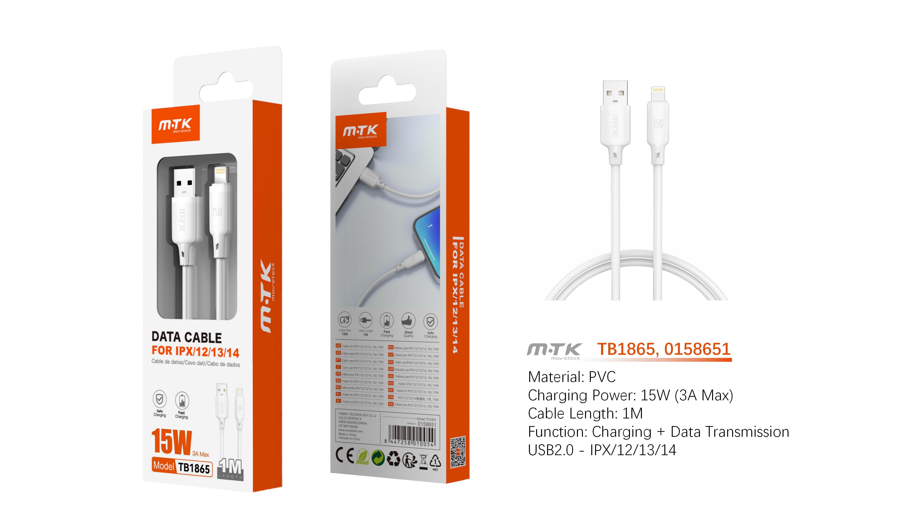TB1865 BL Cable de Datos Orvion para Iphone 5-14  15W/3A/1M, Blanco