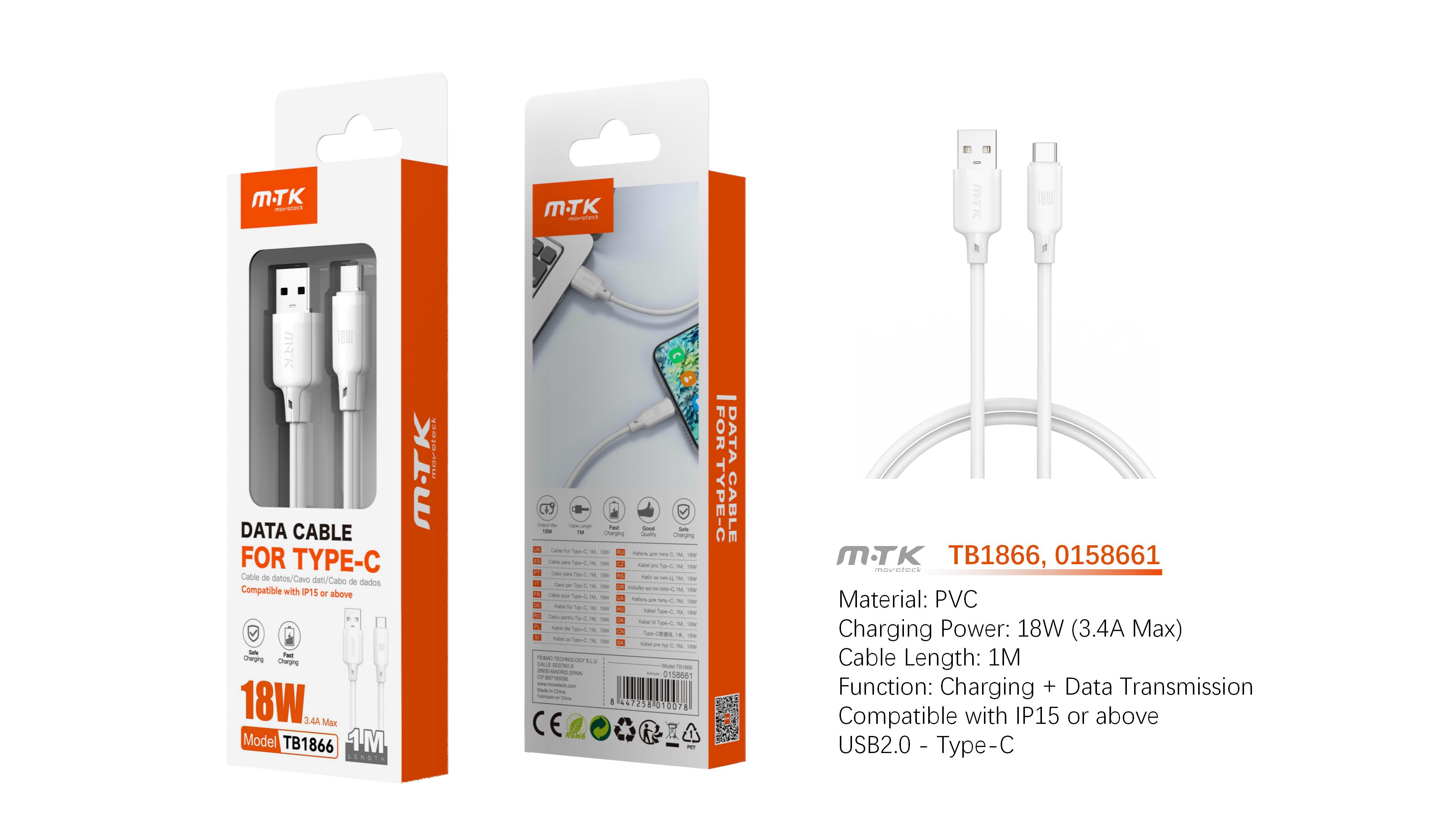 TB1866 BL Cable de Datos Orvion para Type-C  3.4A/18W/1M, Blanco