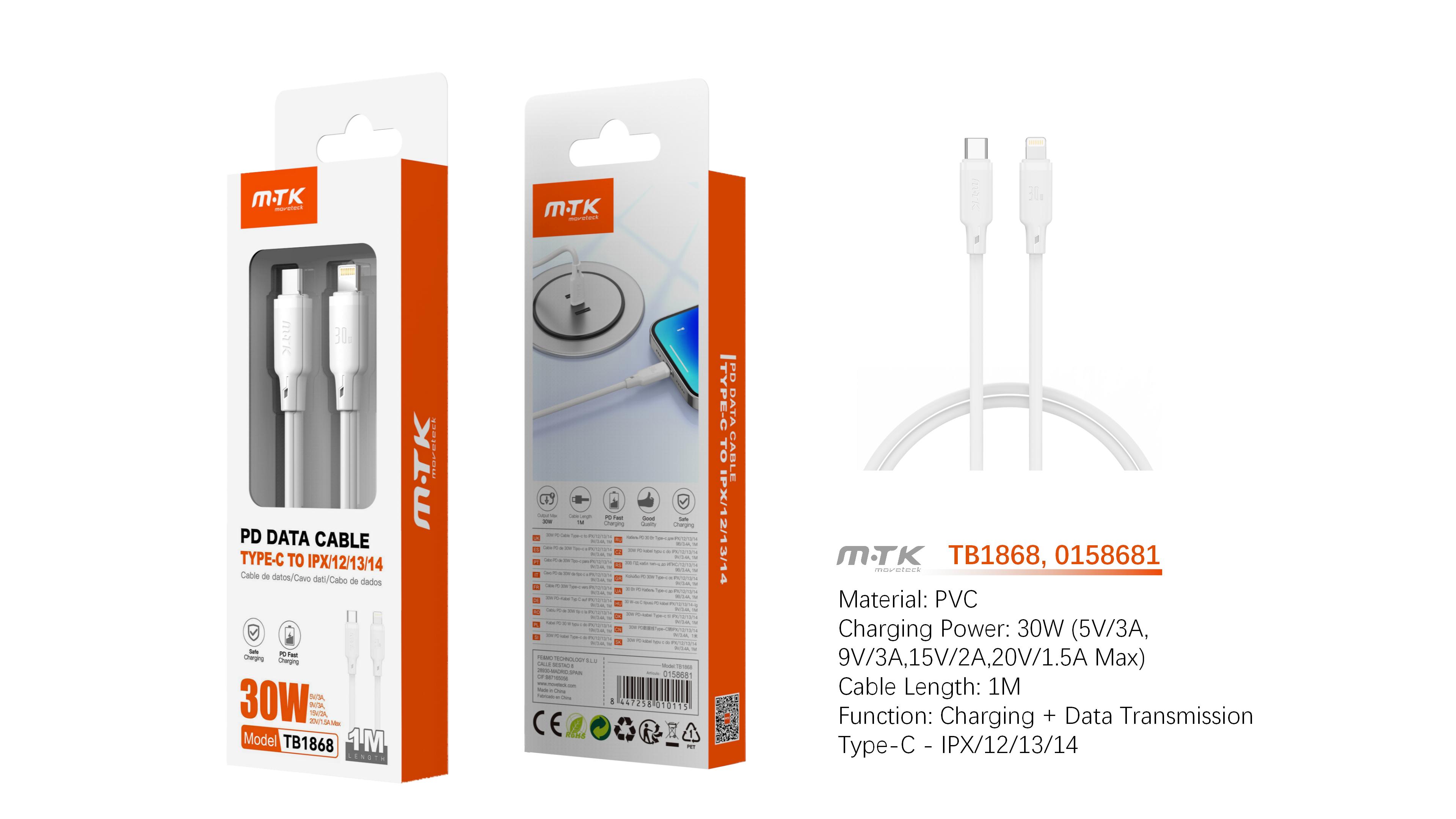 TB1868 BL Cable de Datos Orvion con carga rapida para Type-C a Iphone  30W/20V/1.5A/1M, Blanco