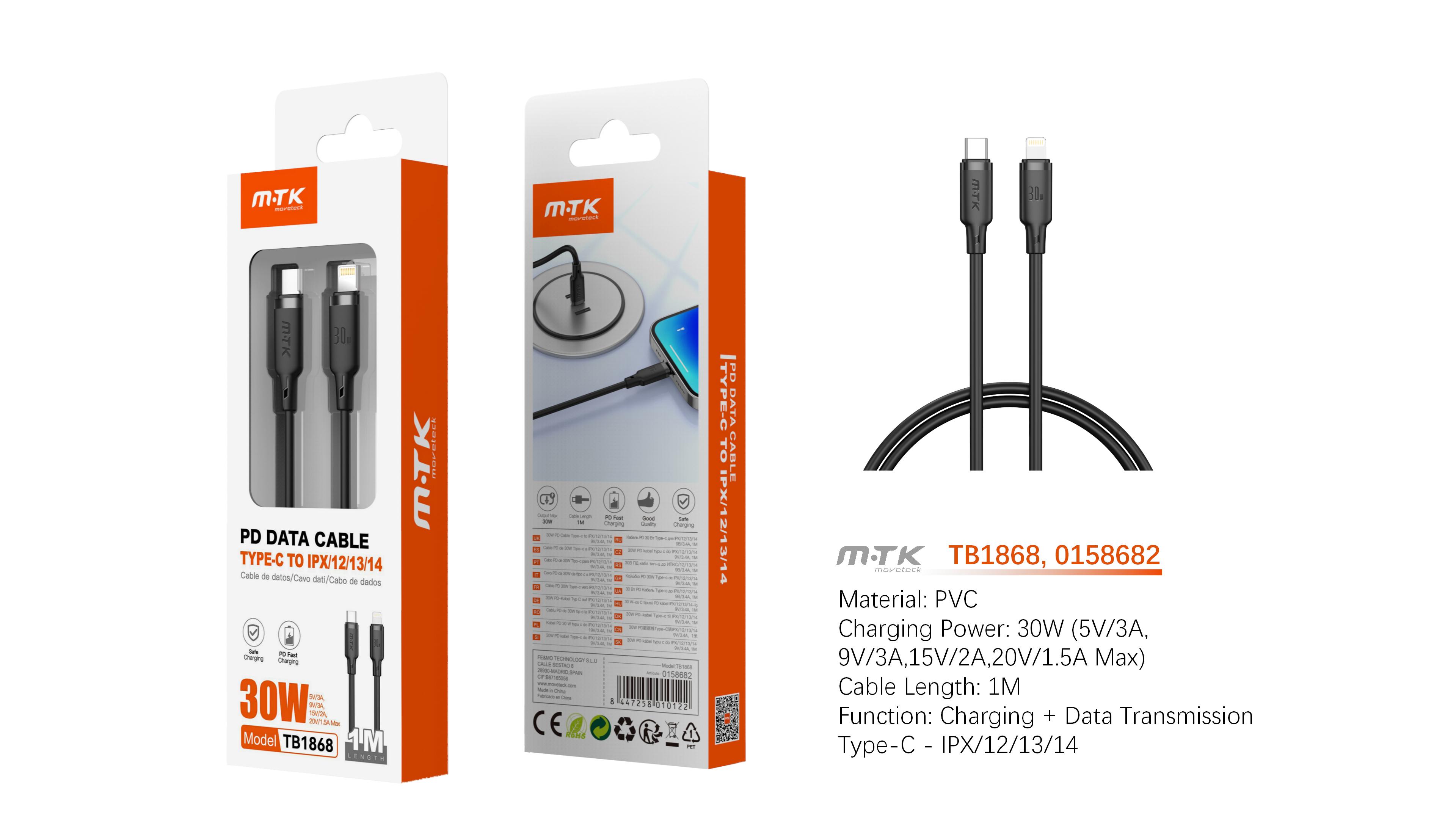 TB1868 NE Cable de Datos Orvion con carga rapida para Type-C a Iphone  30W/20V/1.5A/1M, Negro