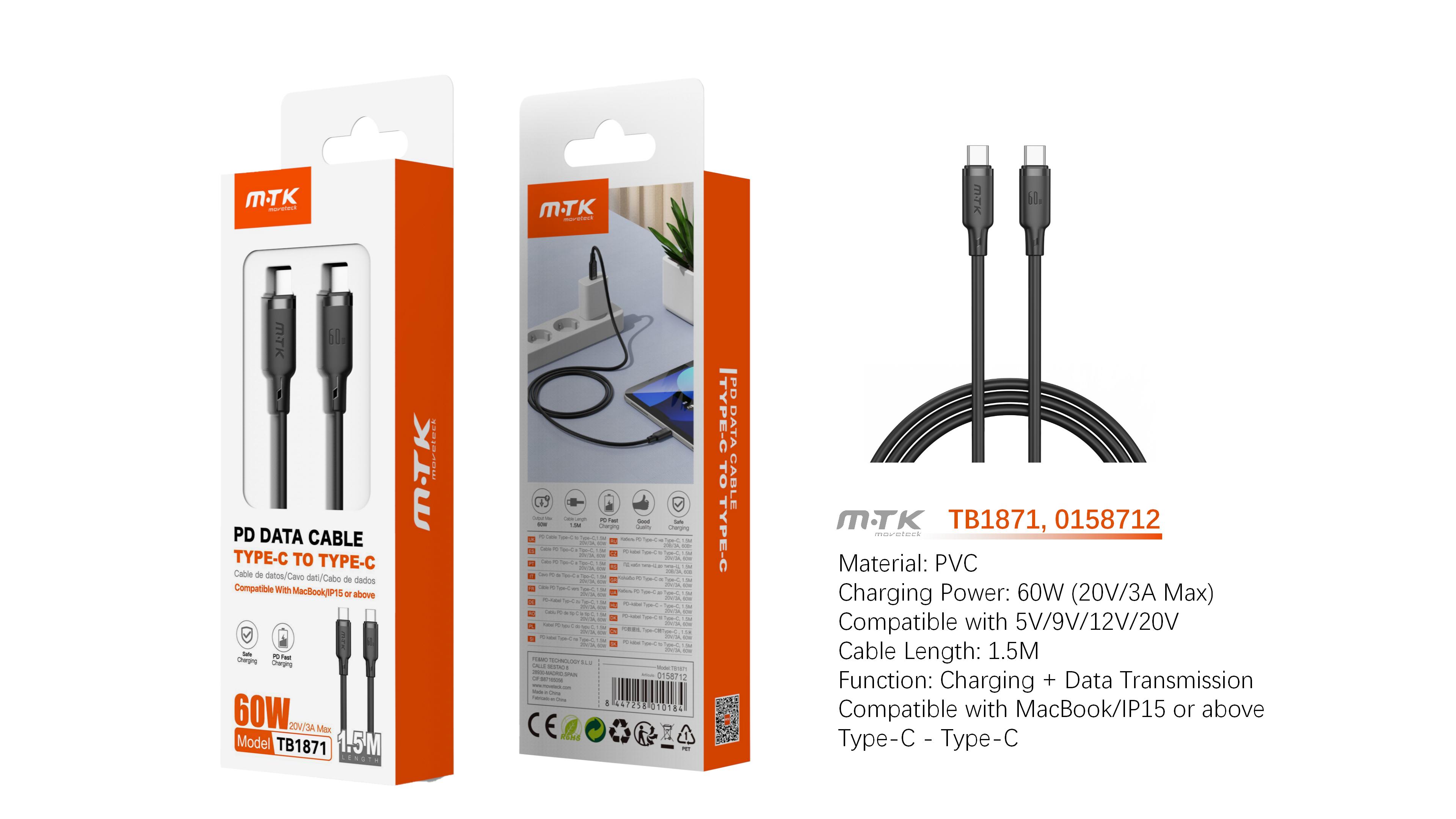 TB1871 NE Cable de Datos Orvion con carga rapida para Type-C a Type-C  60W/20V/3A/1.5M, Negro