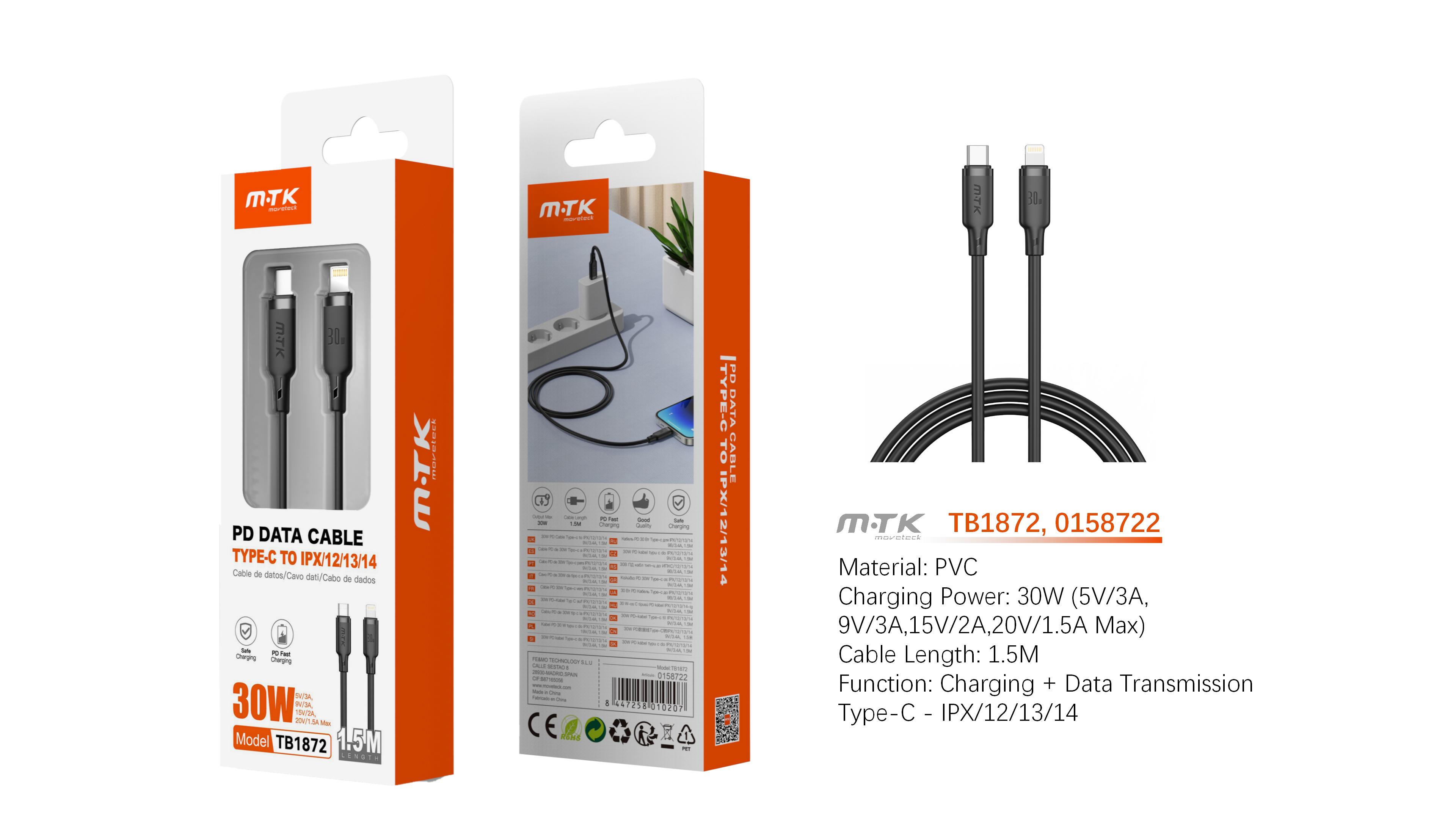 TB1872 NE Cable de Datos Orvion con carga rapida para Type-C a Iphone  30W/20V/1.5A/1.5M, Negro
