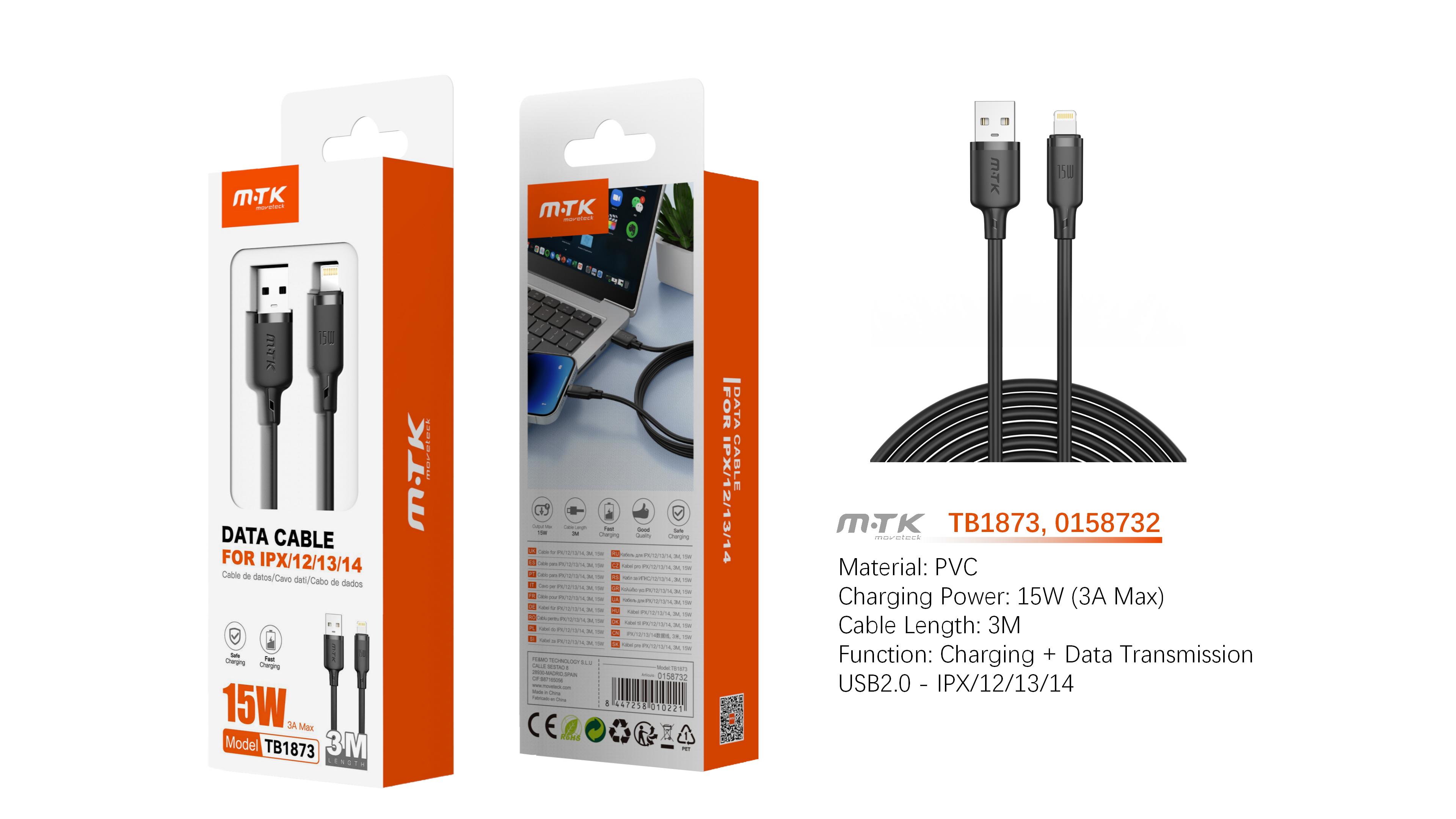 TB1873 NE Cable de Datos Orvion para Iphone 5-14  15W/3A/3M, Negro